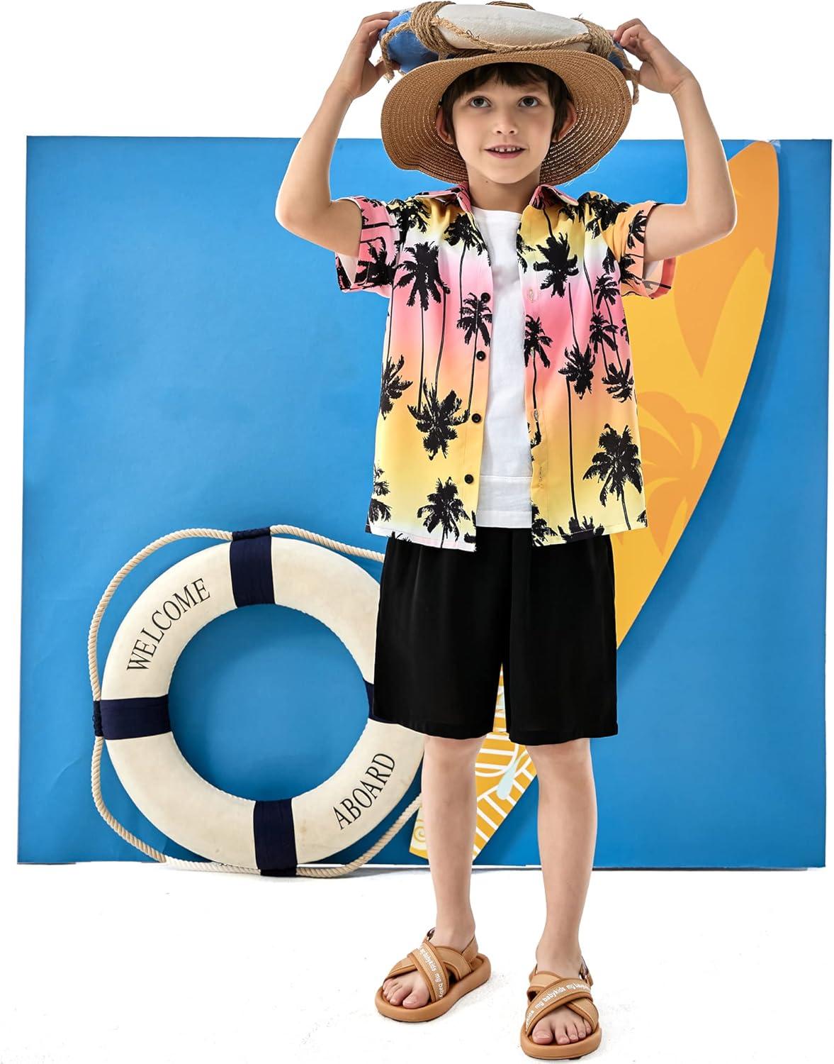 image:imageArshiner Boys 2 Piece Outfits Hawaiian Shorts Sets Button Down Shirt and Shorts Summer Beach Clothes for 212 YearsTie Dye Palm Tree