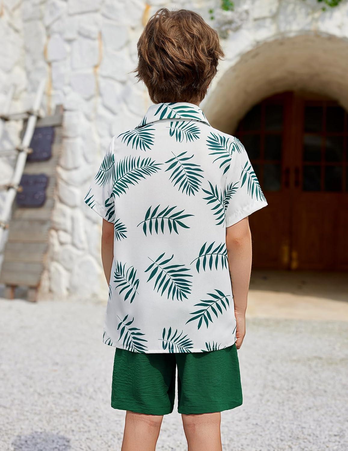 image:imageArshiner Boys 2 Piece Outfits Hawaiian Shorts Sets Button Down Shirt and Shorts Summer Beach Clothes for 212 YearsWhite Leaf Print