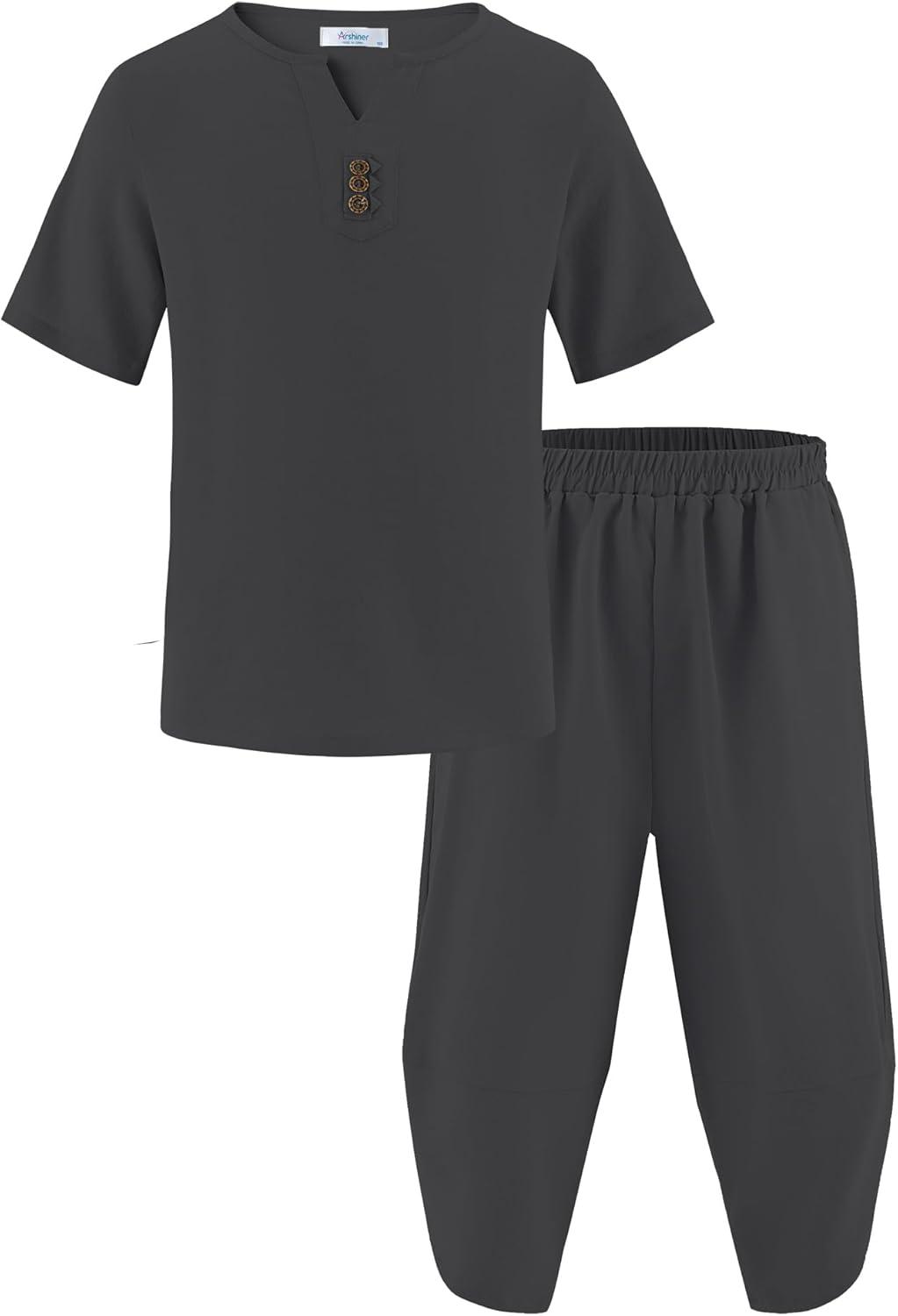 image:imageArshiner Boys 2 Pieces Clothes Set Henley Shirt Short Sleeve and Pants Wide Leg Baggy Summer Casual OutfitsBlack