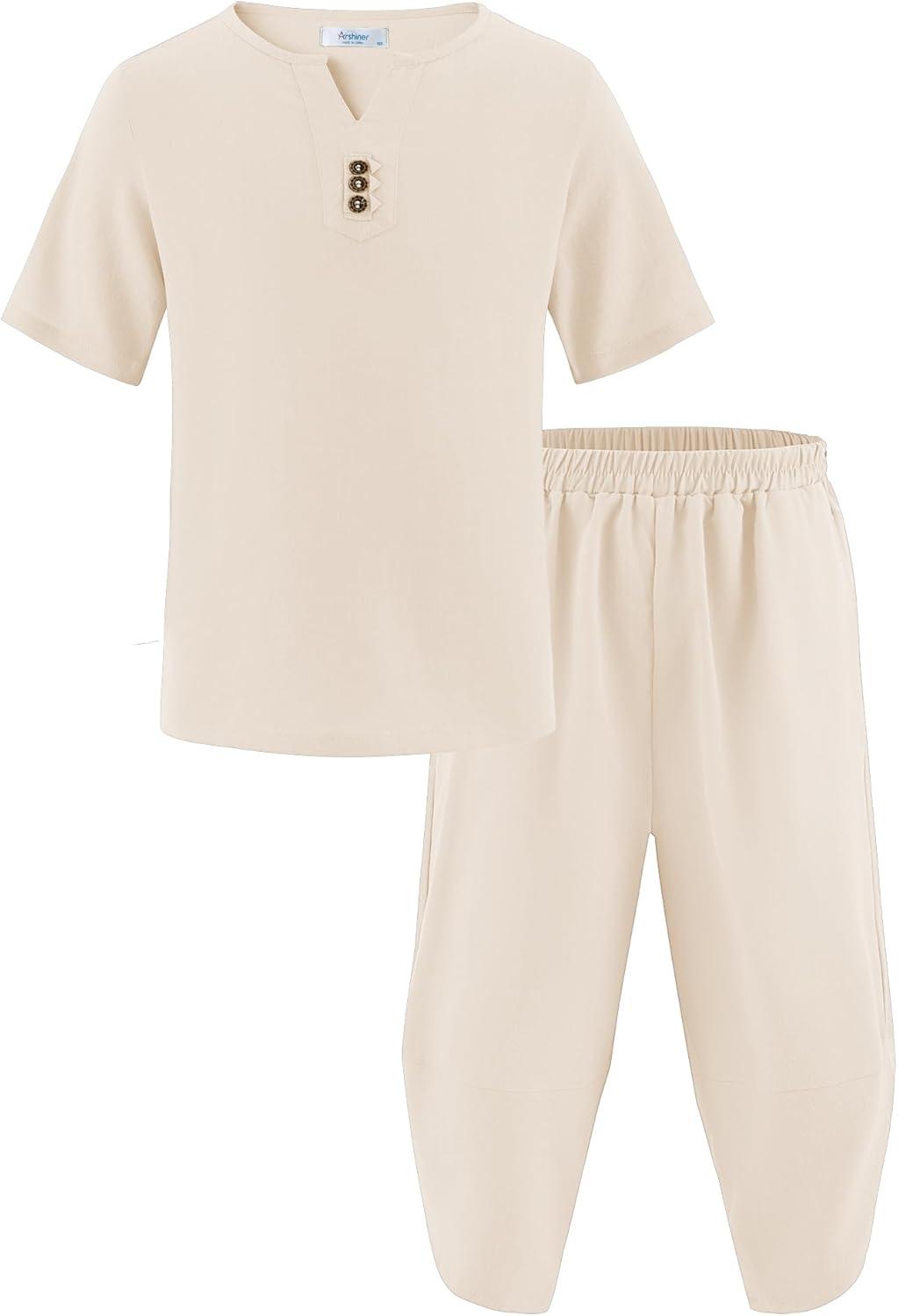 image:imageArshiner Boys 2 Pieces Clothes Set Henley Shirt Short Sleeve and Pants Wide Leg Baggy Summer Casual OutfitsCream