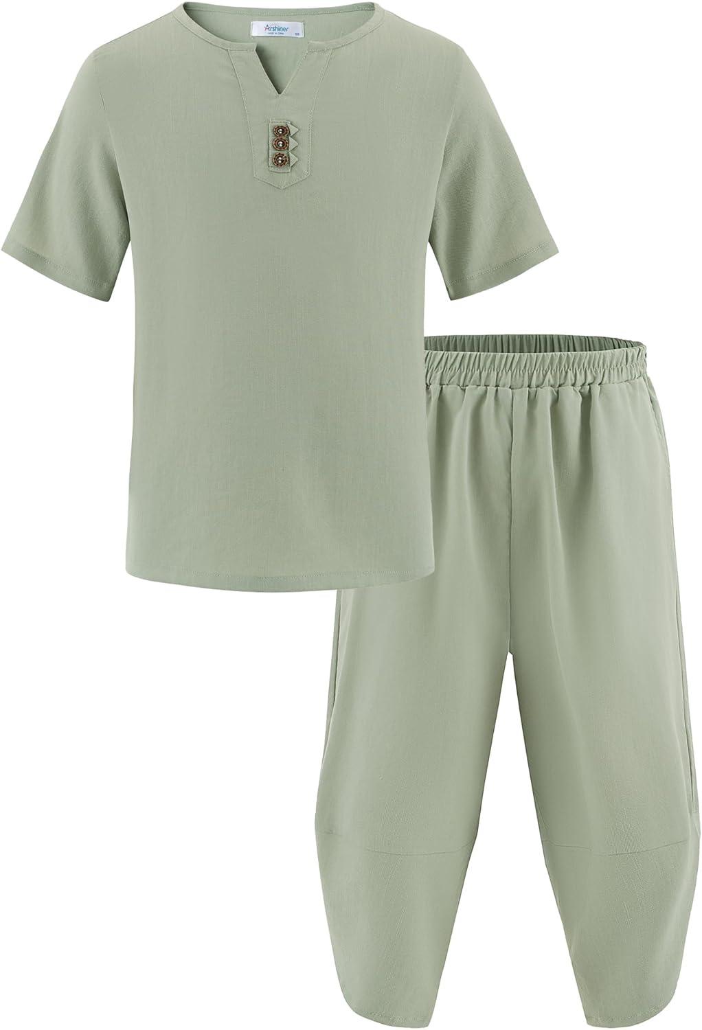 image:imageArshiner Boys 2 Pieces Clothes Set Henley Shirt Short Sleeve and Pants Wide Leg Baggy Summer Casual OutfitsLight Green