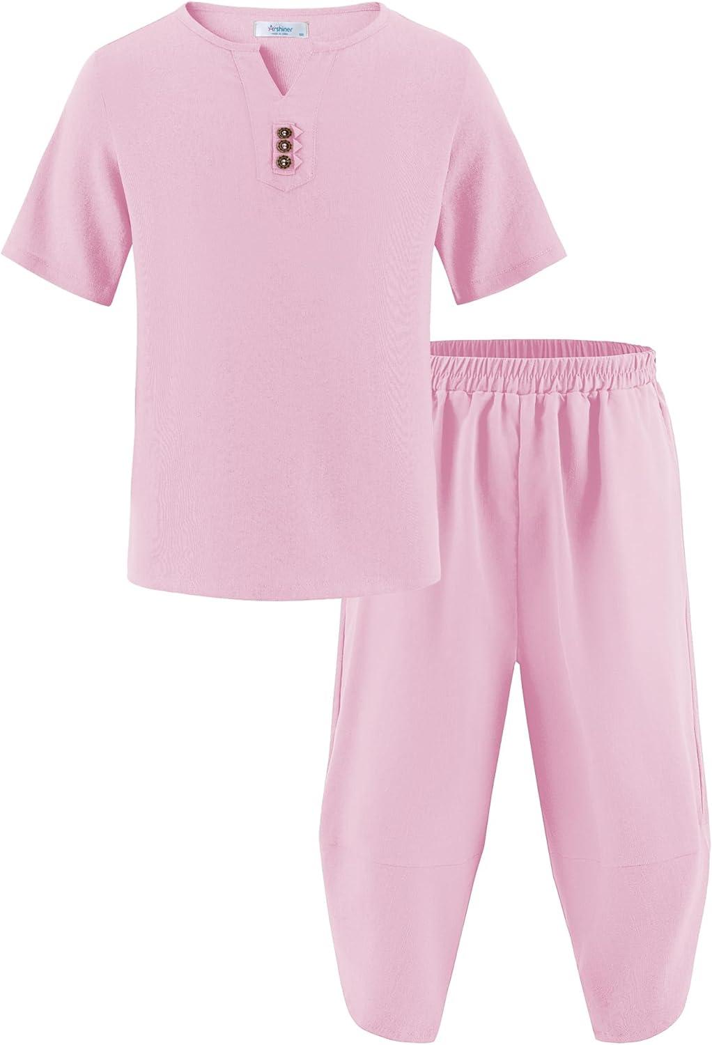 image:imageArshiner Boys 2 Pieces Clothes Set Henley Shirt Short Sleeve and Pants Wide Leg Baggy Summer Casual OutfitsPink