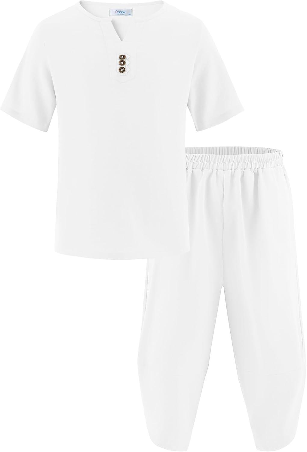 image:imageArshiner Boys 2 Pieces Clothes Set Henley Shirt Short Sleeve and Pants Wide Leg Baggy Summer Casual OutfitsWhite