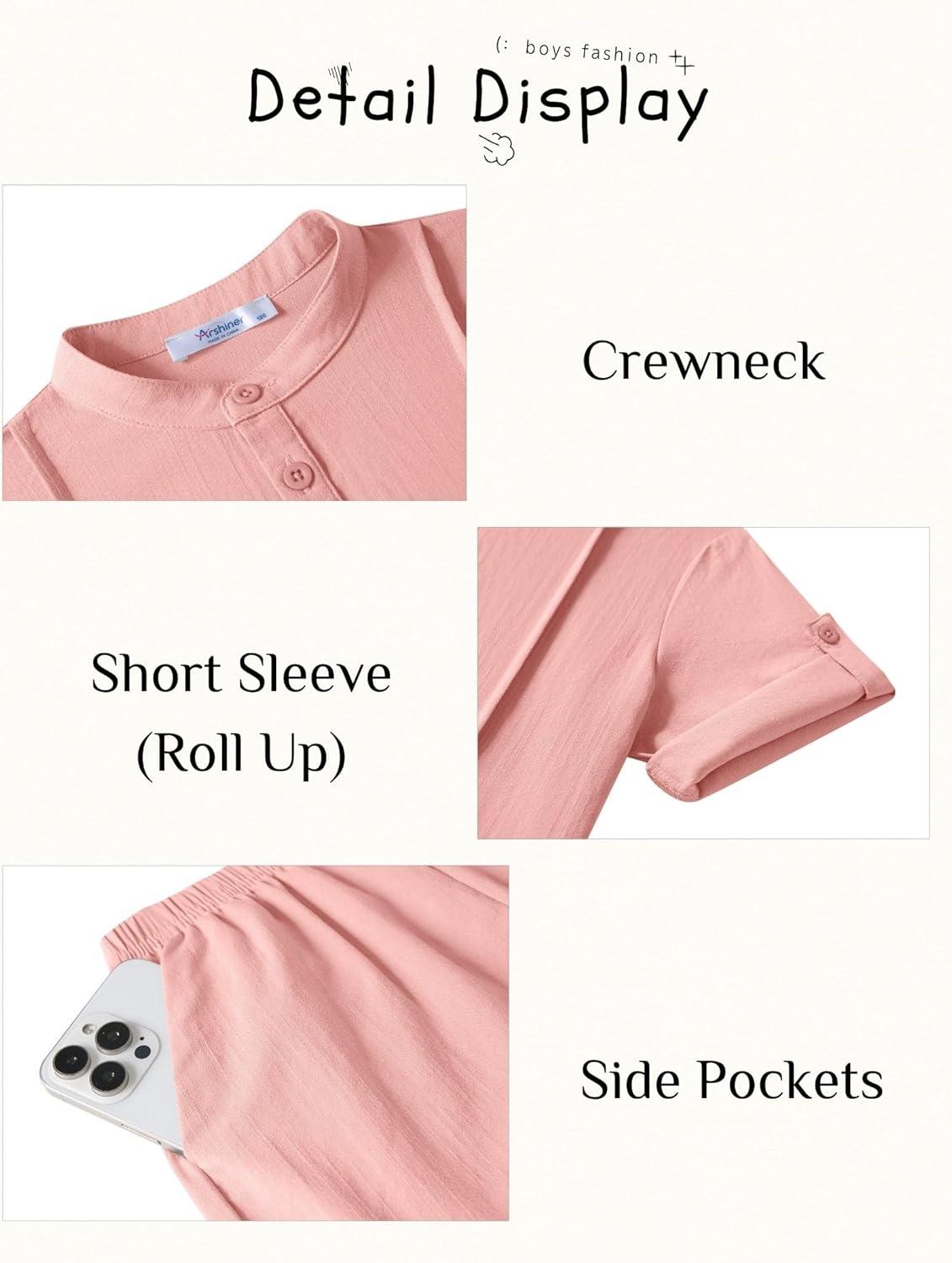 image:imageArshiner Boys 2 Pieces Linen Sets Short Sleeve Henley Shirt and Shorts Summer Beach Matching Outfits 512 YearsLight Pink