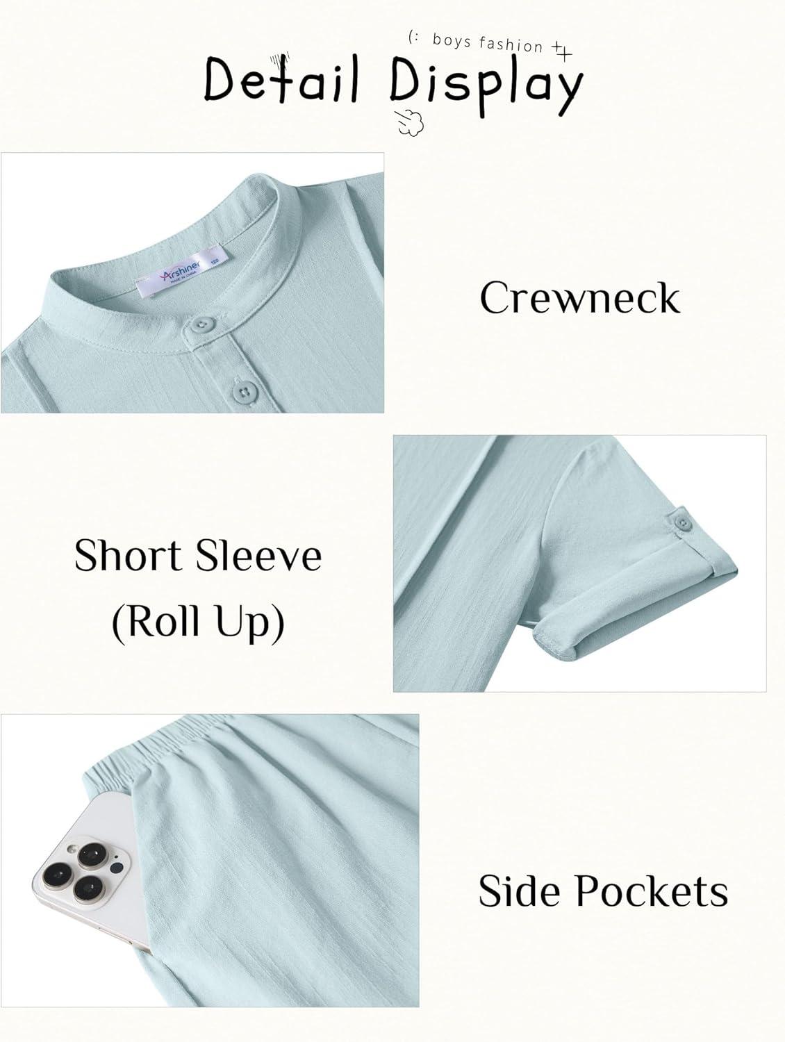 image:imageArshiner Boys 2 Pieces Linen Sets Short Sleeve Henley Shirt and Shorts Summer Beach Matching Outfits 512 YearsPale Blue