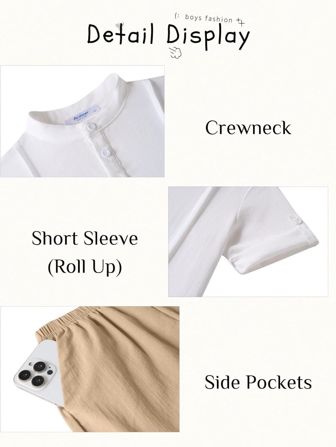 image:imageArshiner Boys 2 Pieces Linen Sets Short Sleeve Henley Shirt and Shorts Summer Beach Matching Outfits 512 YearsWhite Khaki