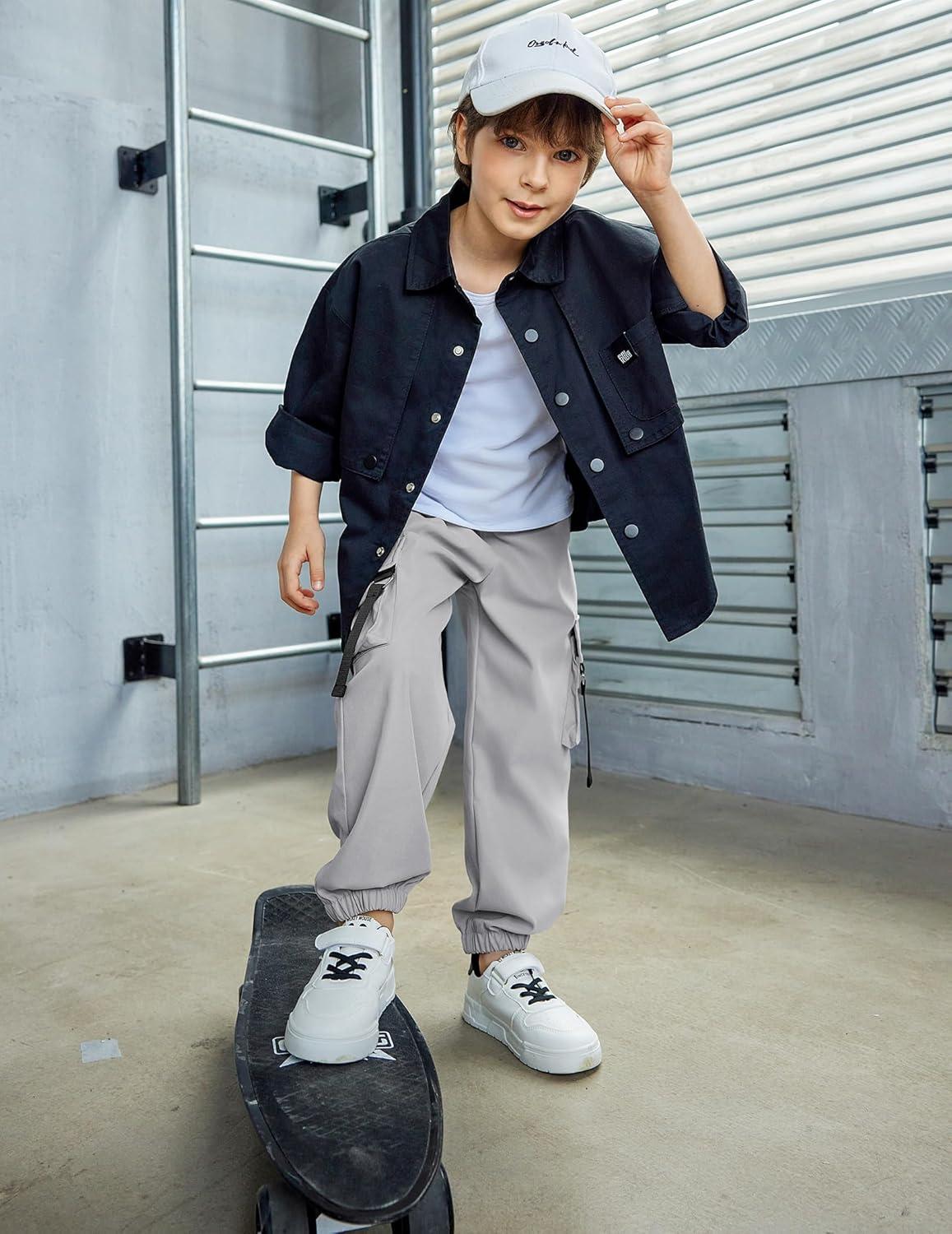 image:imageArshiner Boys Cargo Joggers Pants Kids Elastic Waist Casual Pants Lightweight School Pants with 4 Pockets 512 YearsLight Grey