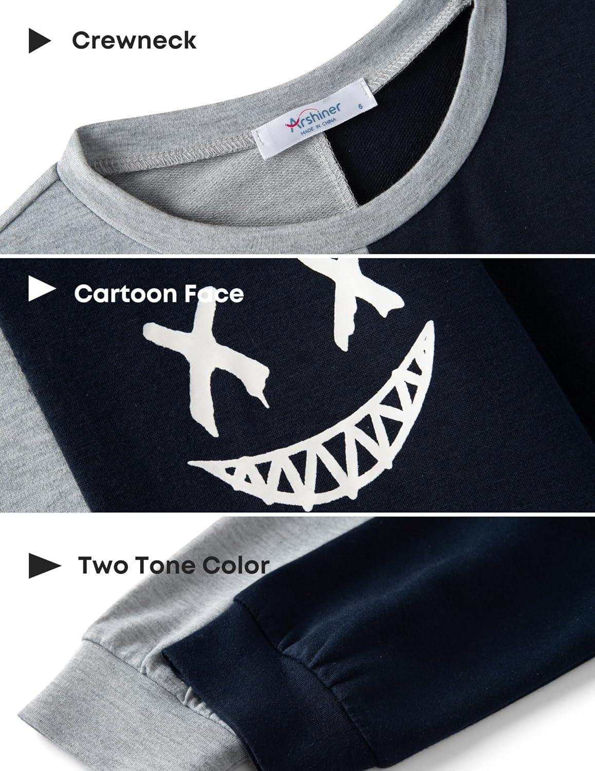 image:imageArshiner Boys Cartoon Face Print Two Tone Crewneck Sweatshirt and Pants Set Tracksuits Outfits Size 2T 78Grey Navy Blue