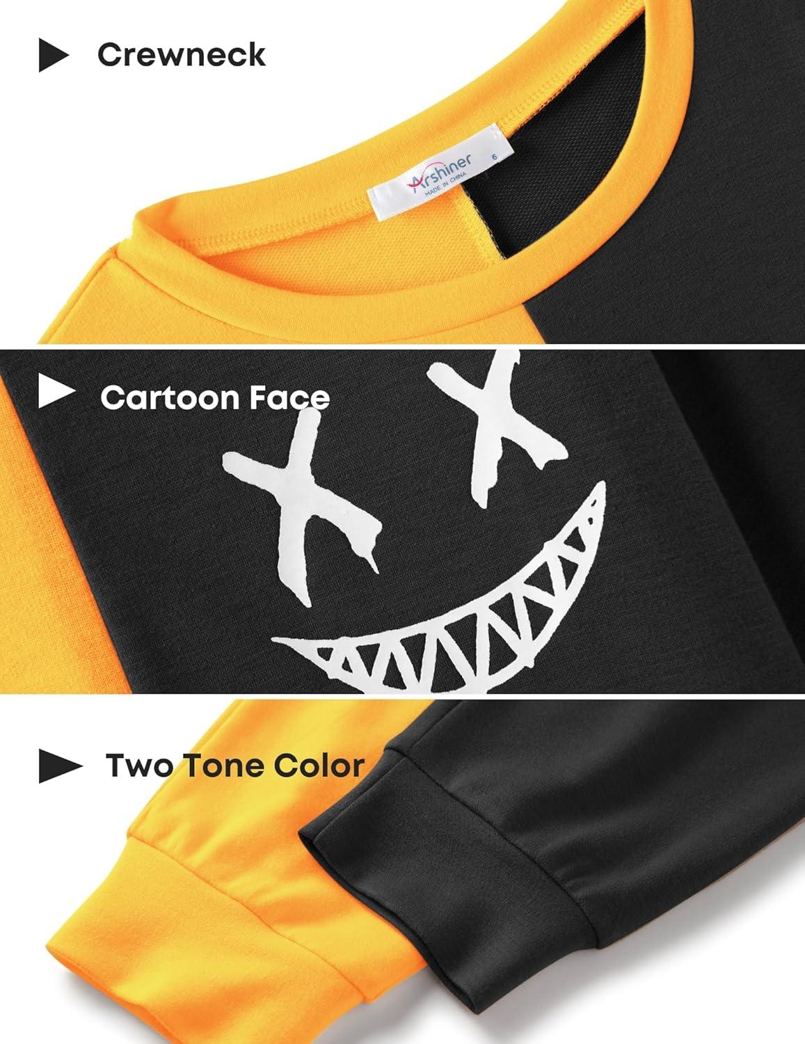 image:imageArshiner Boys Cartoon Face Print Two Tone Crewneck Sweatshirt and Pants Set Tracksuits Outfits Size 2T 78Orange Black