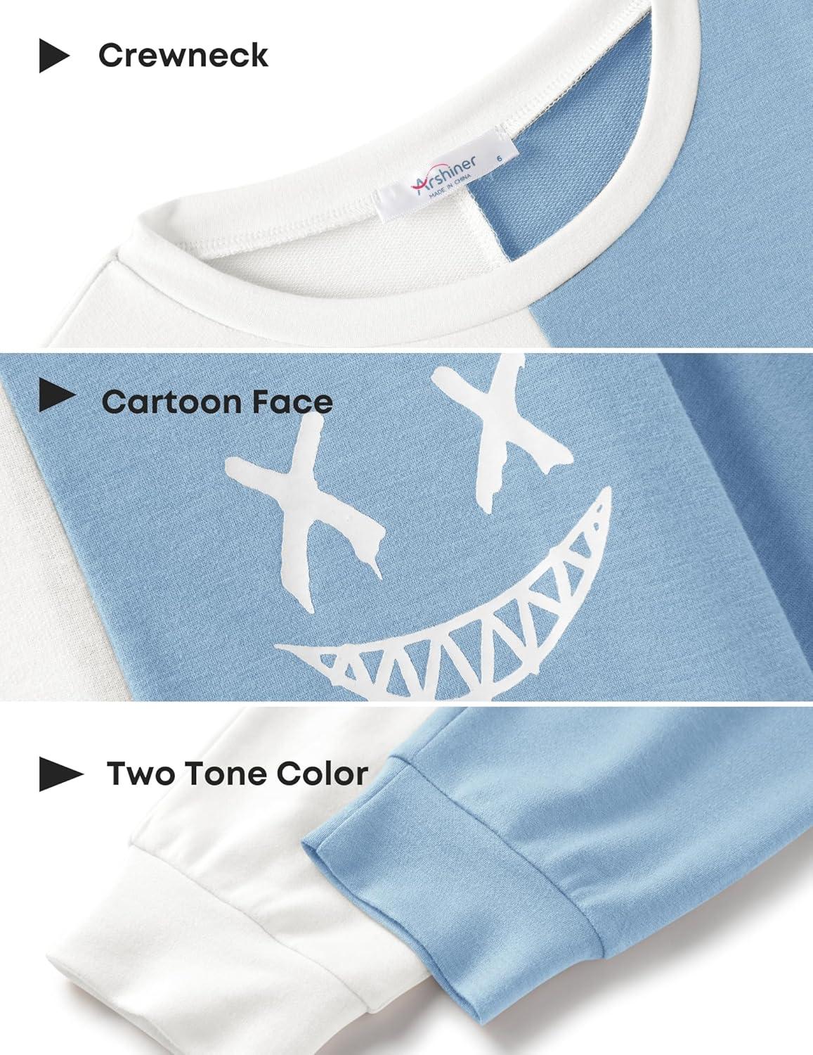 image:imageArshiner Boys Cartoon Face Print Two Tone Crewneck Sweatshirt and Pants Set Tracksuits Outfits Size 2T 78White Light Blue