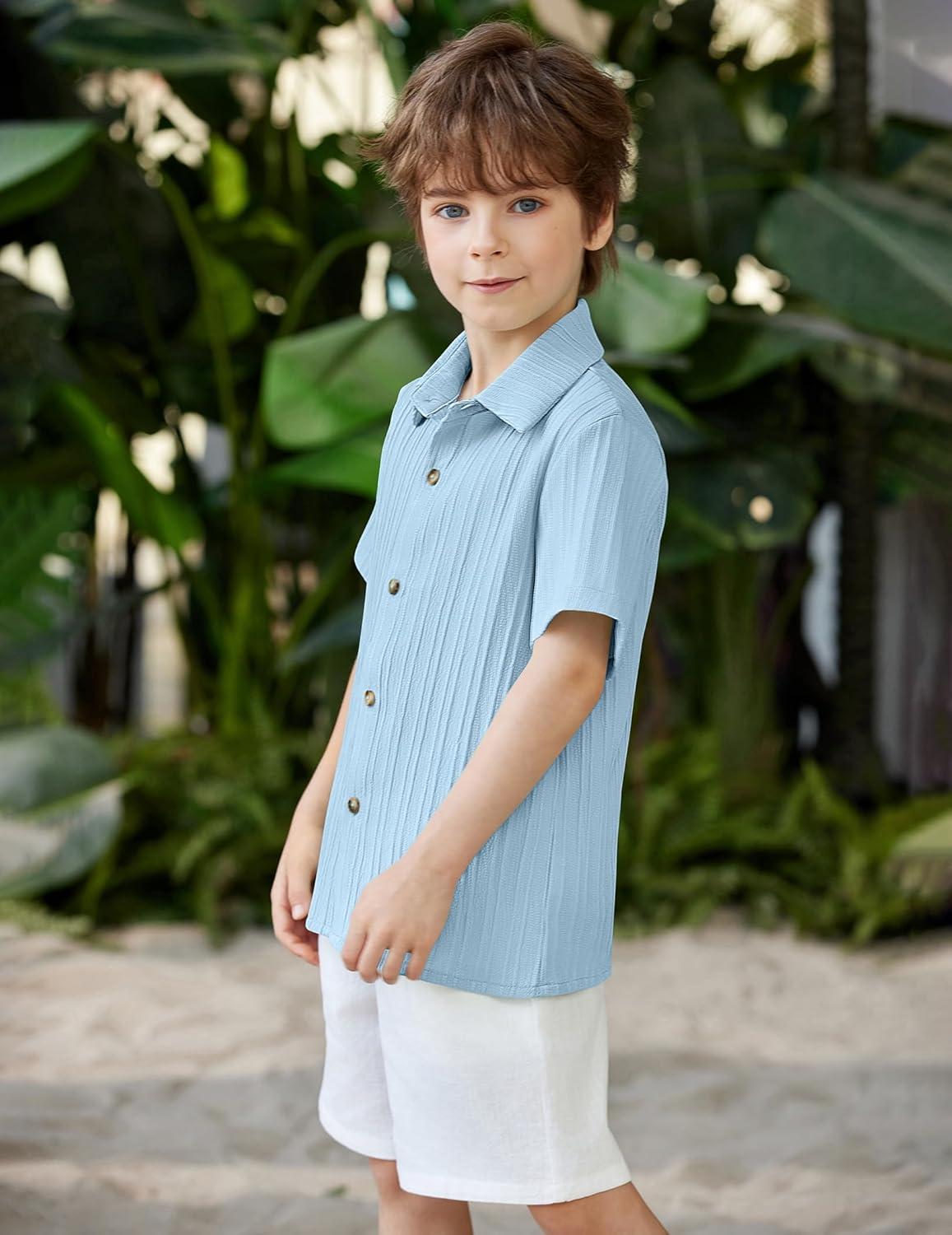 image:imageArshiner Boys Casual Short Sleeve Button Down Shirt Fashion Textured Summer Beach Shirt 313 Years OldBlue
