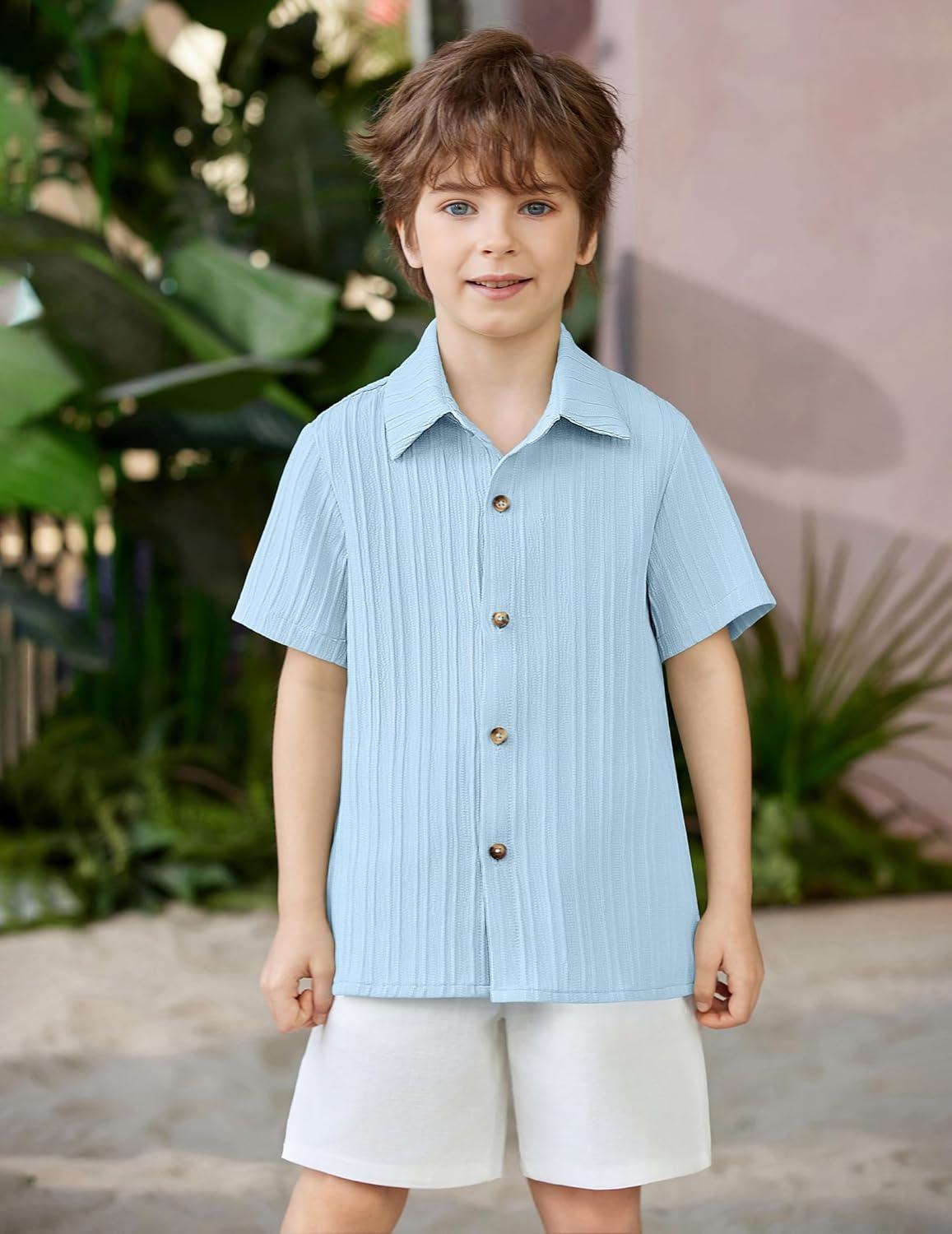 image:imageArshiner Boys Casual Short Sleeve Button Down Shirt Fashion Textured Summer Beach Shirt 313 Years OldBlue
