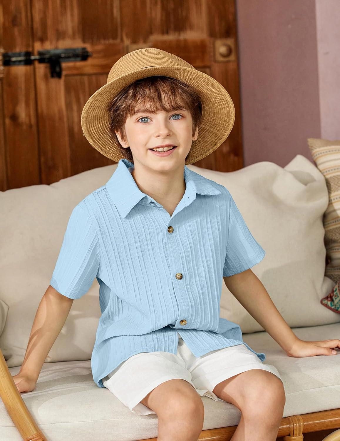 image:imageArshiner Boys Casual Short Sleeve Button Down Shirt Fashion Textured Summer Beach Shirt 313 Years OldBlue