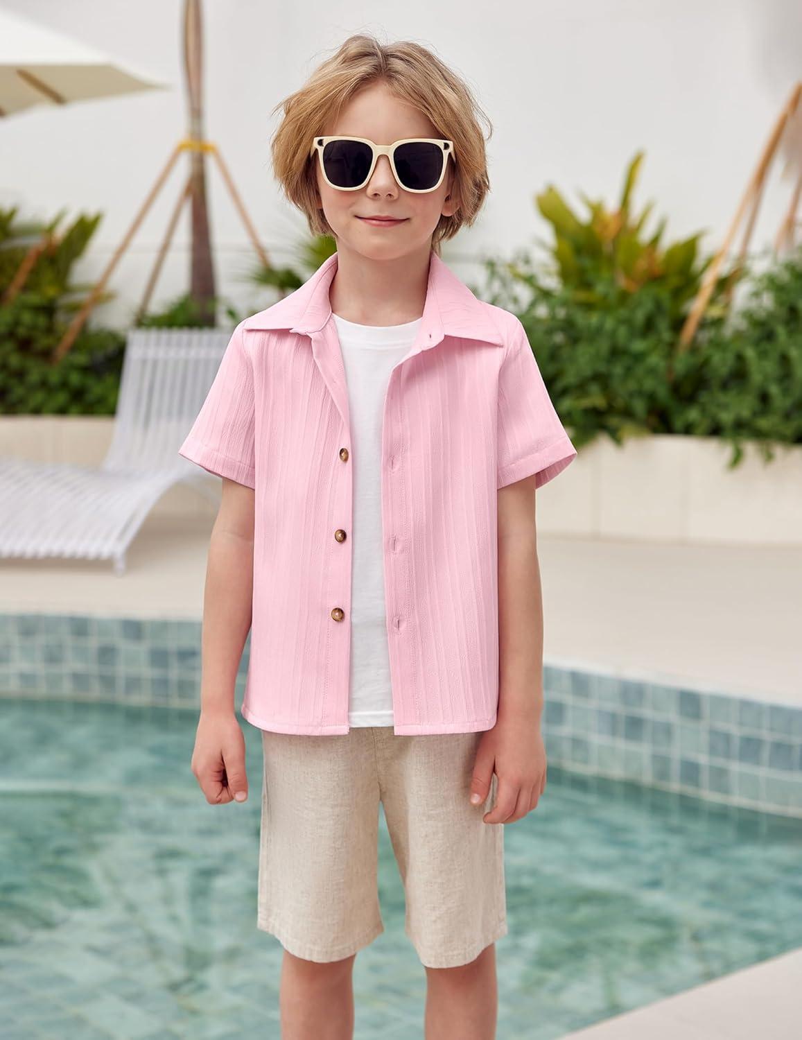 image:imageArshiner Boys Casual Short Sleeve Button Down Shirt Fashion Textured Summer Beach Shirt 313 Years OldDeep Pink