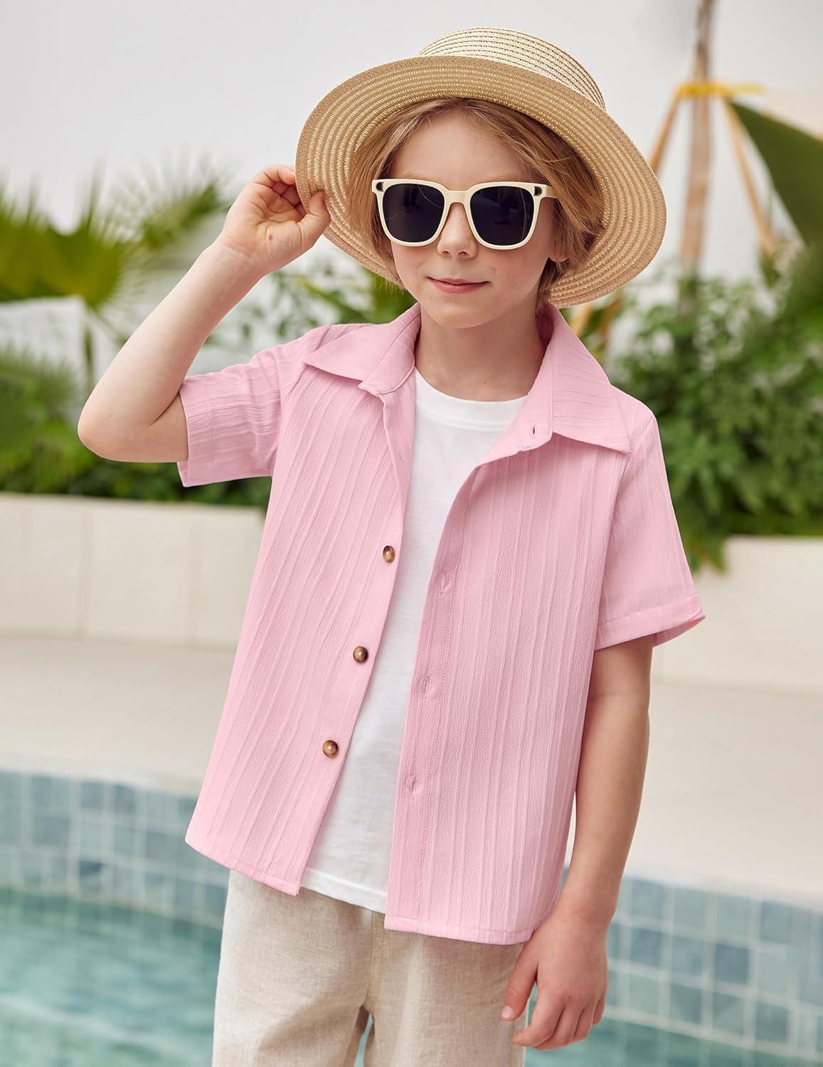 image:imageArshiner Boys Casual Short Sleeve Button Down Shirt Fashion Textured Summer Beach Shirt 313 Years OldDeep Pink