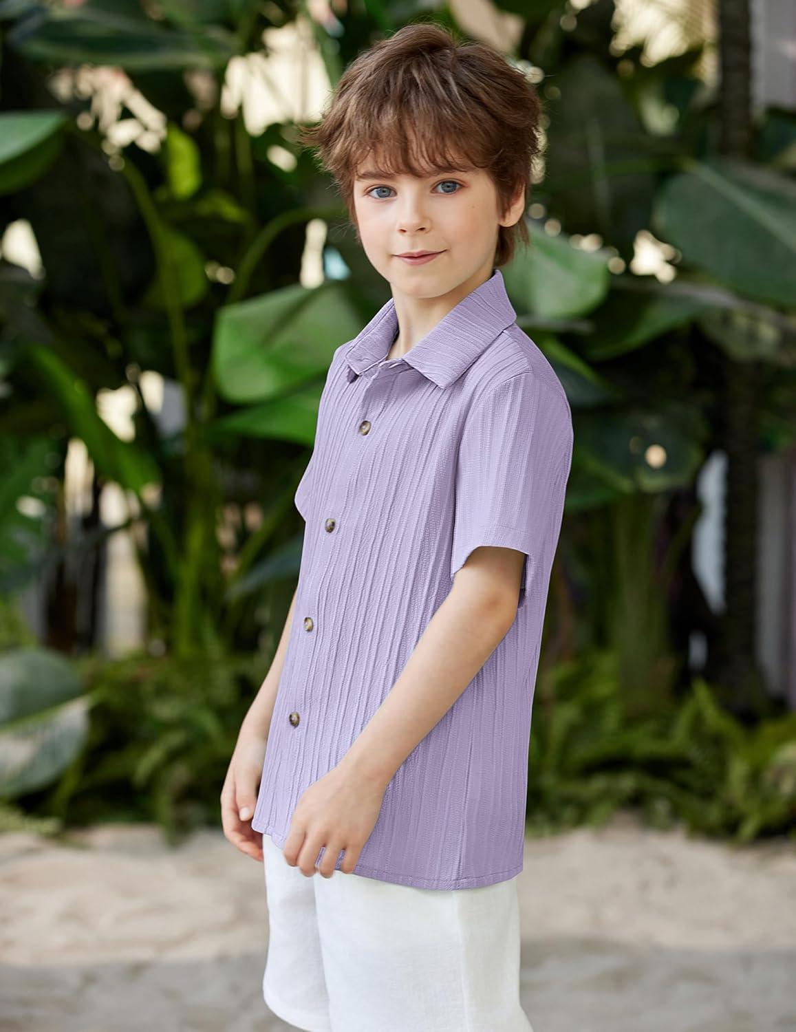 image:imageArshiner Boys Casual Short Sleeve Button Down Shirt Fashion Textured Summer Beach Shirt 313 Years OldLilac
