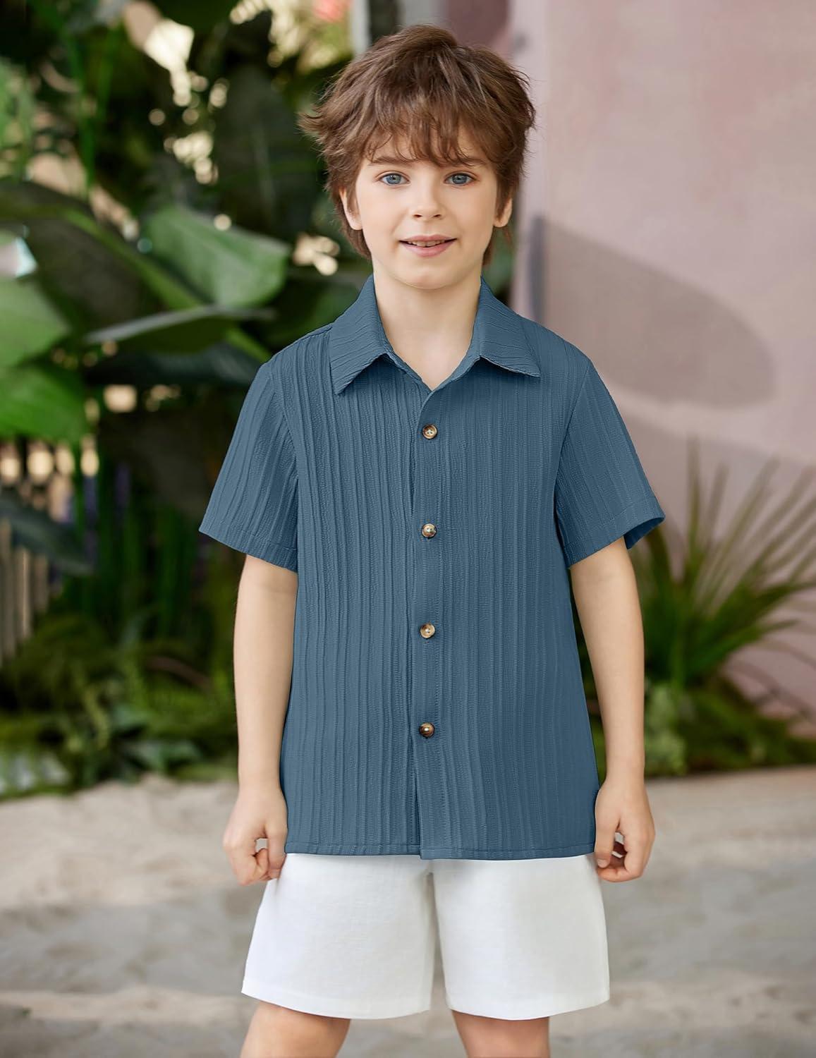 image:imageArshiner Boys Casual Short Sleeve Button Down Shirt Fashion Textured Summer Beach Shirt 313 Years OldNavy Blue