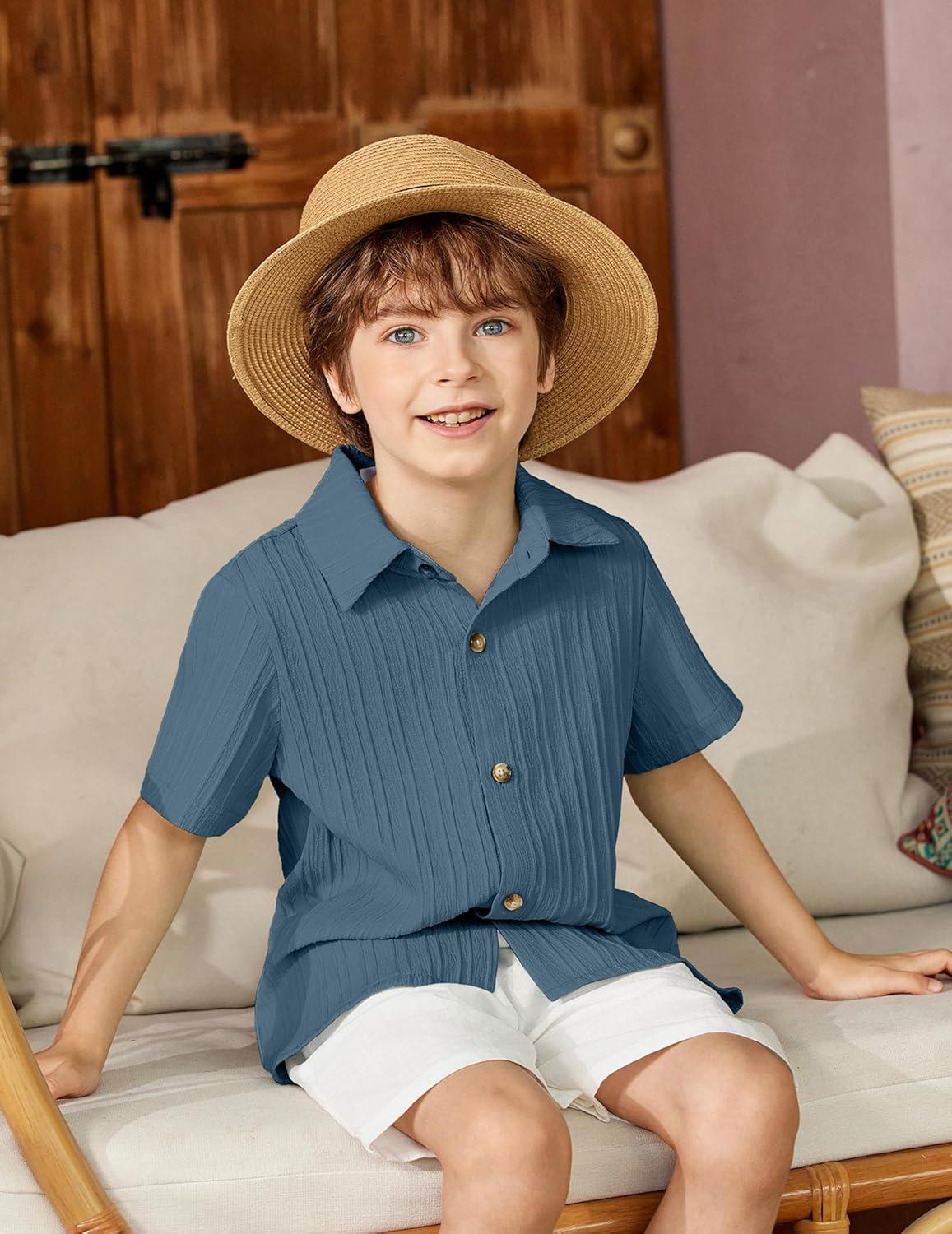 image:imageArshiner Boys Casual Short Sleeve Button Down Shirt Fashion Textured Summer Beach Shirt 313 Years OldNavy Blue
