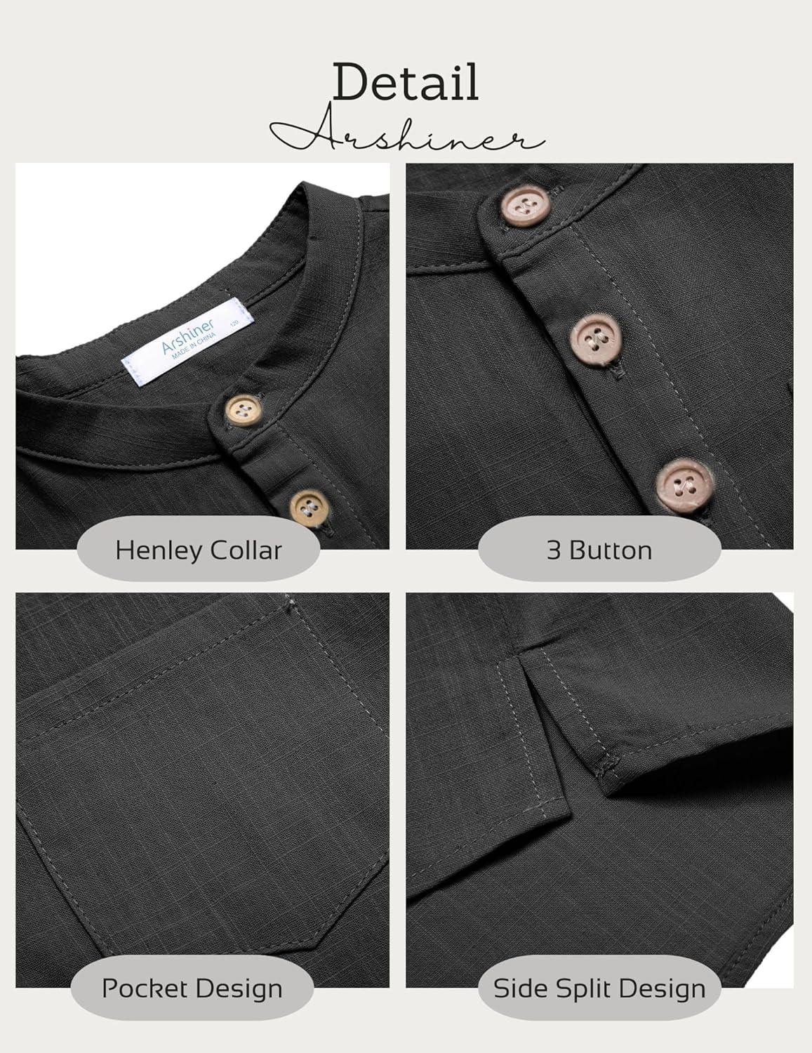 image:imageArshiner Boys Cotton Linen Henley Shirt Button Down Shirt Long Sleeve T Shirt Beach Shirt Tee Casual Solid TopsMidnight Black