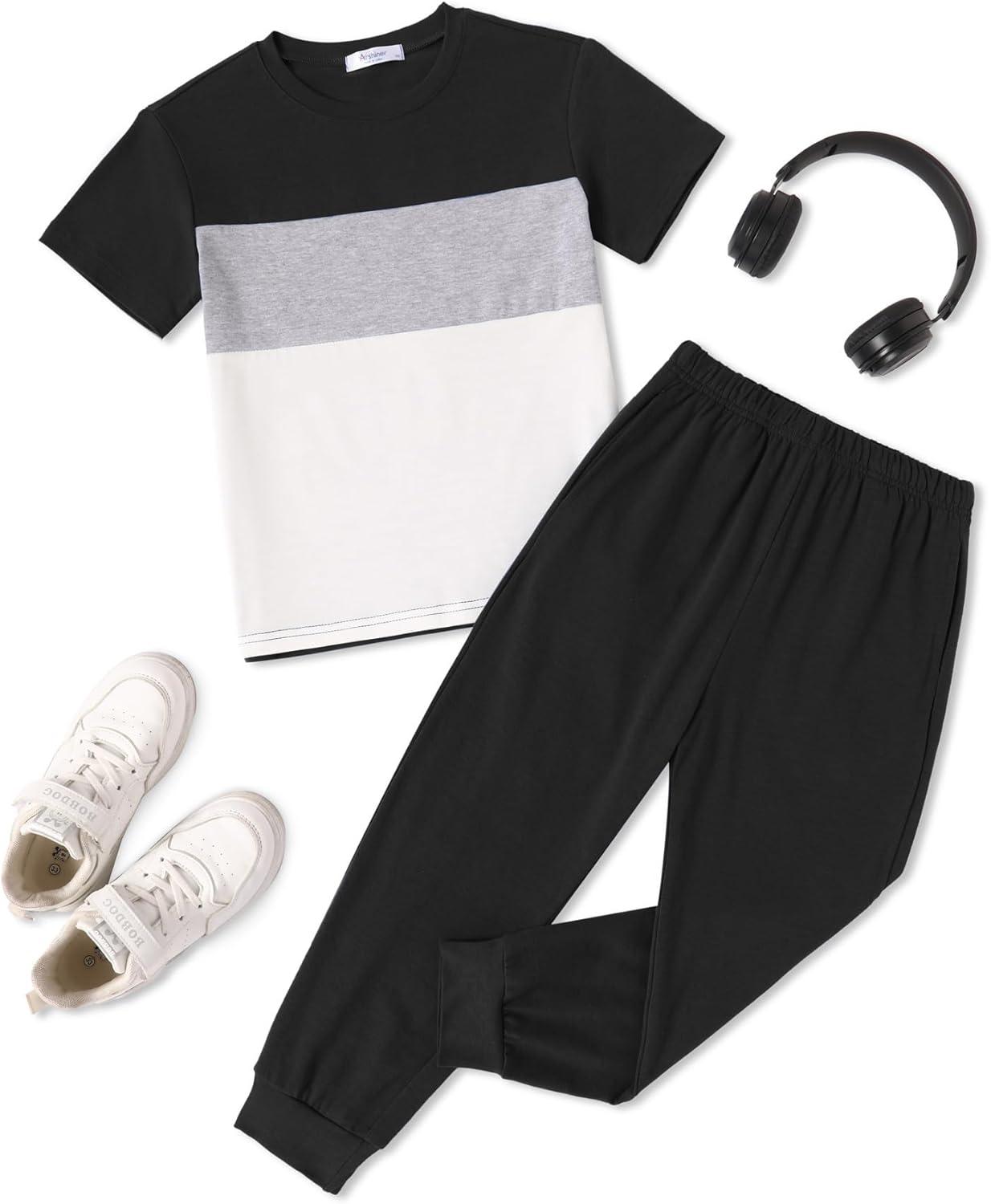 image:imageArshiner Boys Pants Set 2 Piece ColorBlock Short Sleeve TShirt and Active Pants Casual Clothing Outfits 512 YearsBlack