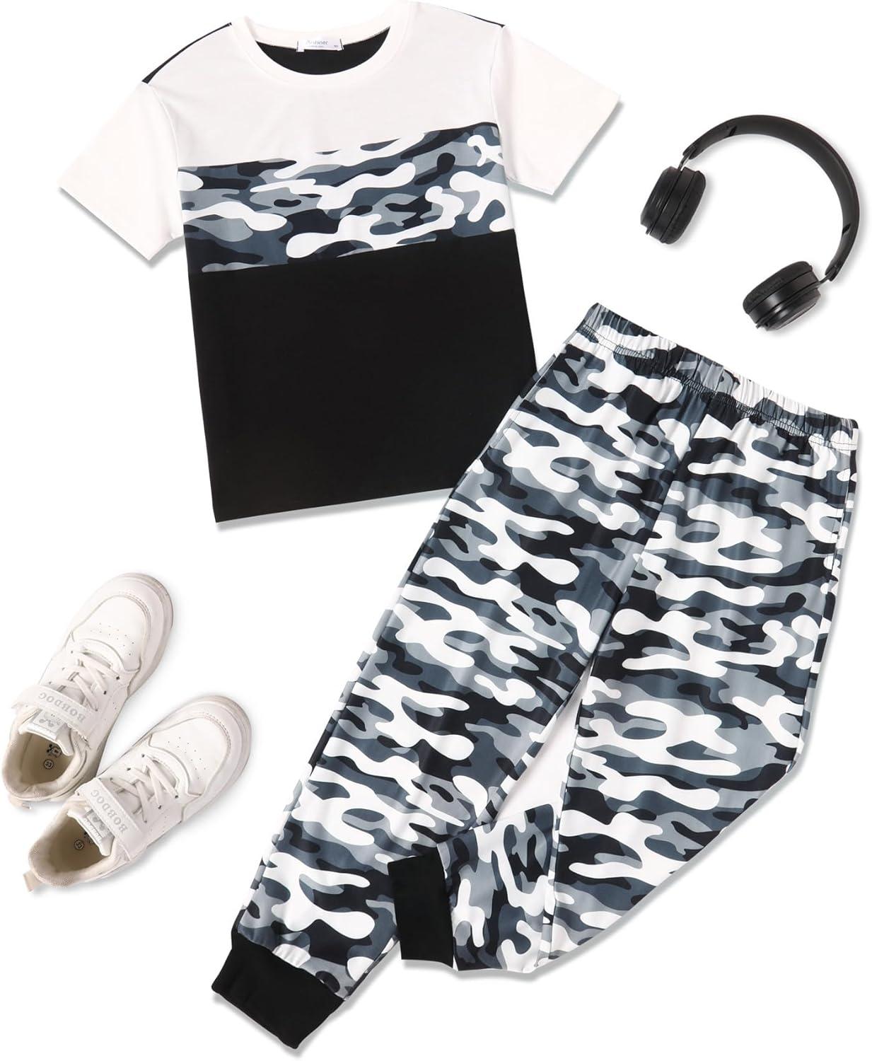 image:imageArshiner Boys Pants Set 2 Piece ColorBlock Short Sleeve TShirt and Active Pants Casual Clothing Outfits 512 YearsBlack Camo