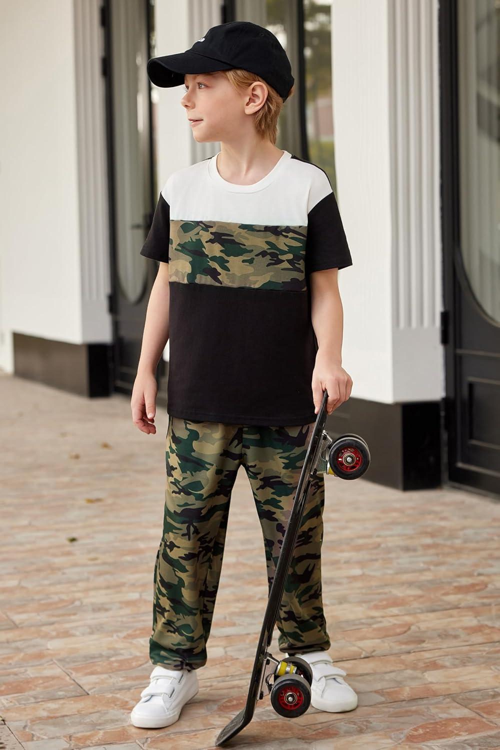 image:imageArshiner Boys Pants Set 2 Piece ColorBlock Short Sleeve TShirt and Active Pants Casual Clothing Outfits 512 YearsCamel Camo