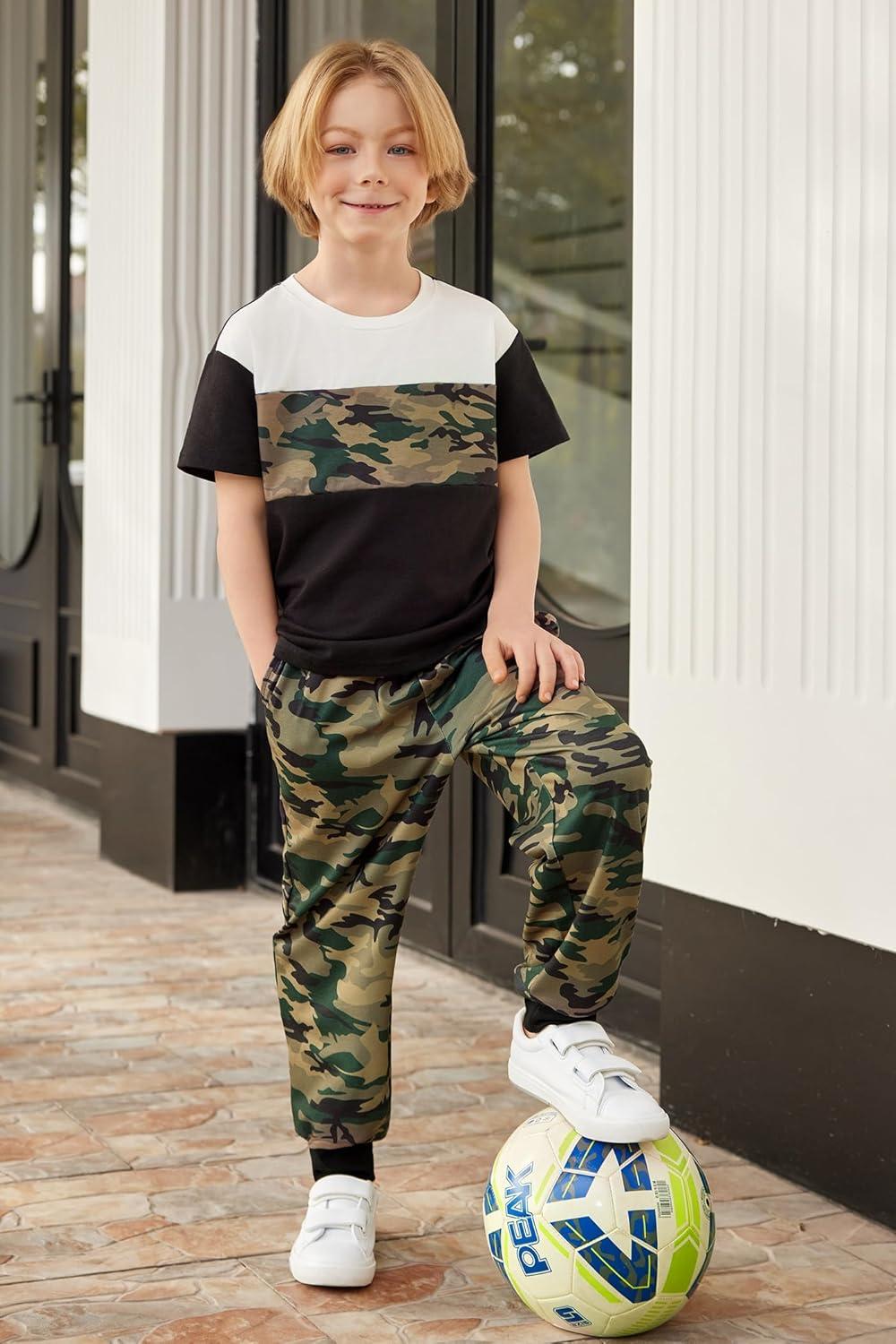 image:imageArshiner Boys Pants Set 2 Piece ColorBlock Short Sleeve TShirt and Active Pants Casual Clothing Outfits 512 YearsCamel Camo