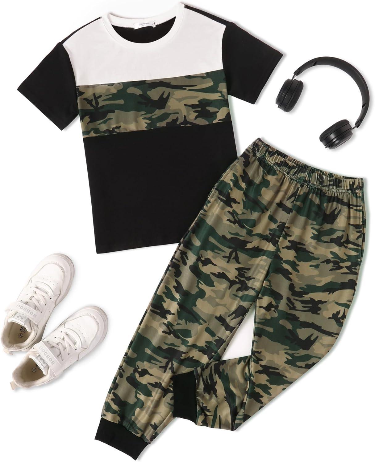 image:imageArshiner Boys Pants Set 2 Piece ColorBlock Short Sleeve TShirt and Active Pants Casual Clothing Outfits 512 YearsCamel Camo