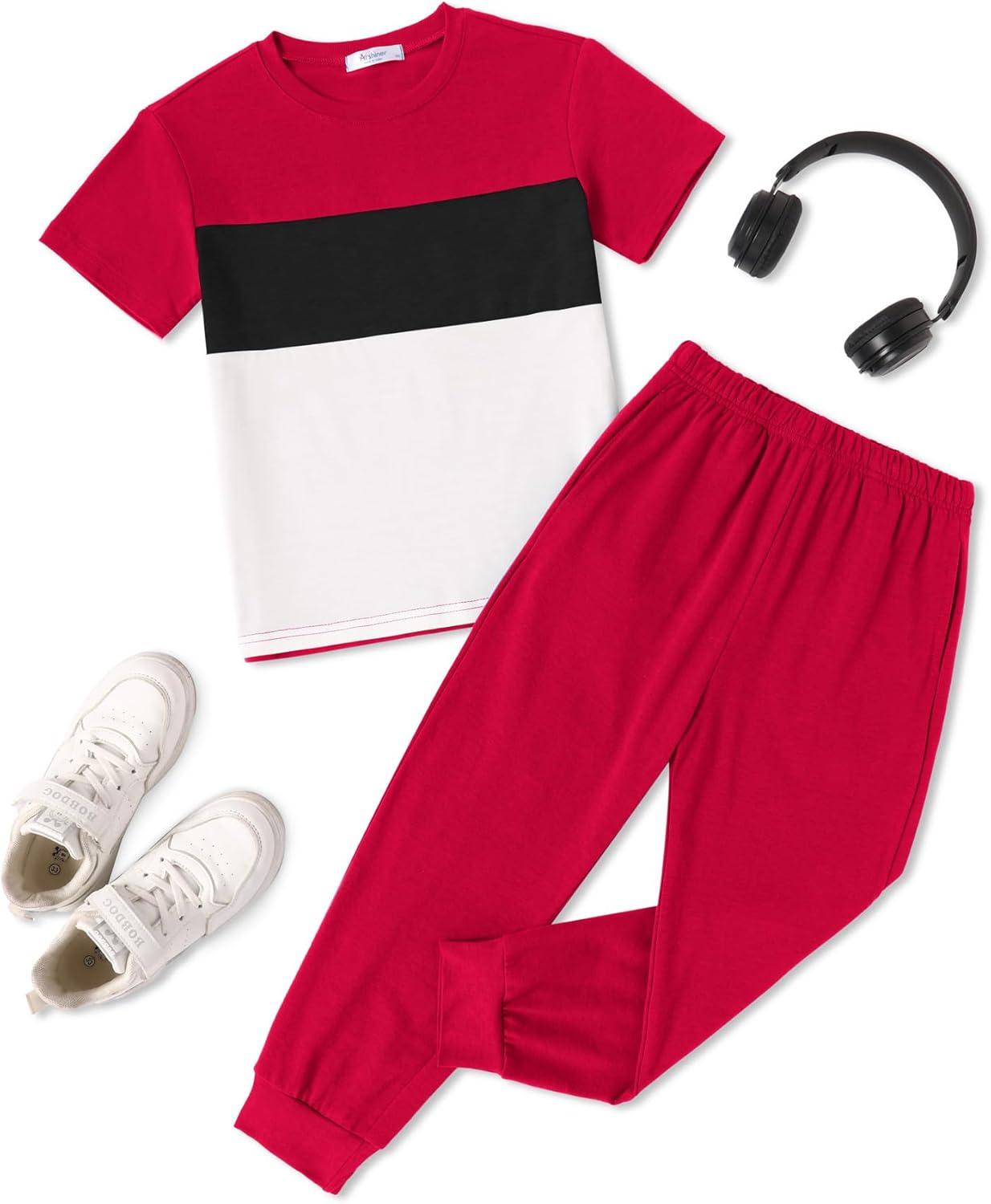 image:imageArshiner Boys Pants Set 2 Piece ColorBlock Short Sleeve TShirt and Active Pants Casual Clothing Outfits 512 YearsRed