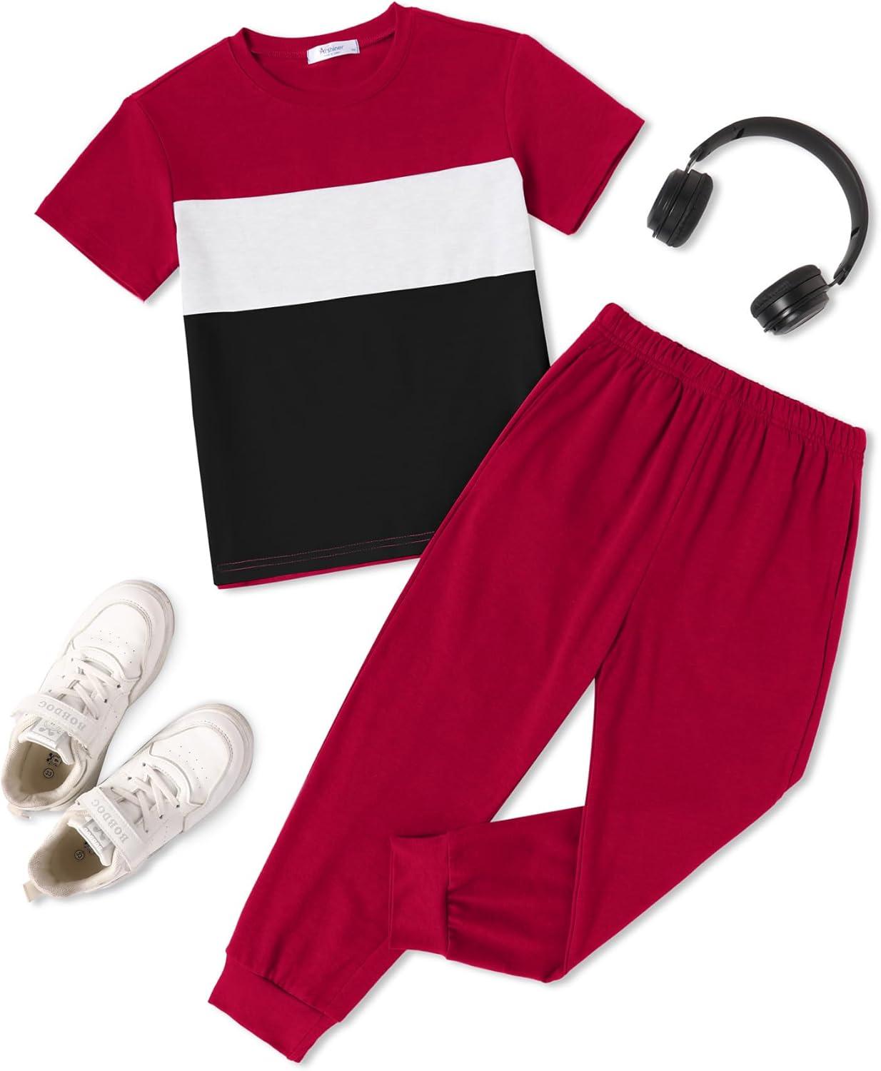 image:imageArshiner Boys Pants Set 2 Piece ColorBlock Short Sleeve TShirt and Active Pants Casual Clothing Outfits 512 YearsWine Red