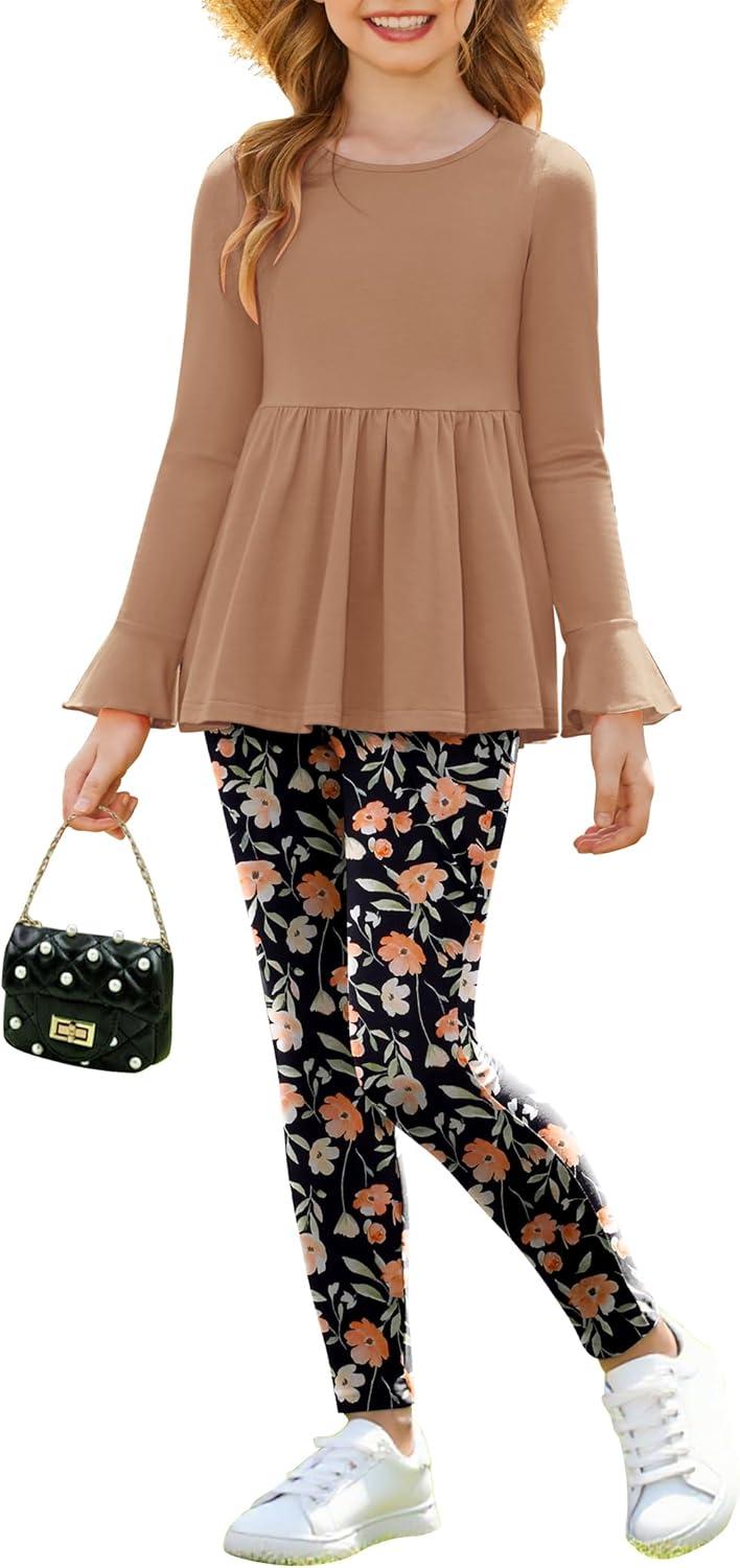 image:imageArshiner Girls 2 Piece Clothing Set Floral Ruffle Hem Bell Sleeve Top and Leggings Fall Winter Outfits for 210 YearsBlack Orange Floral