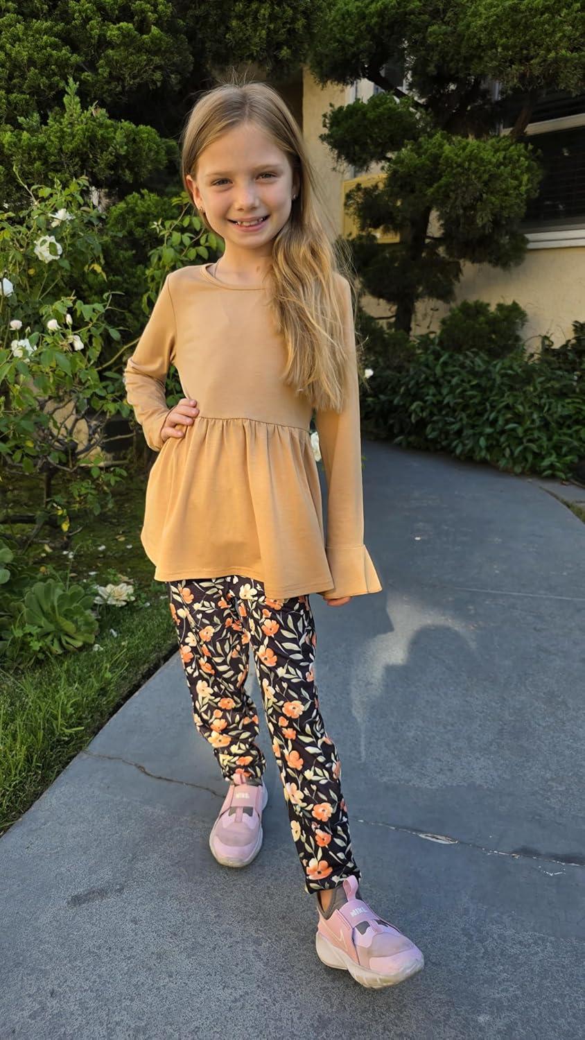 image:imageArshiner Girls 2 Piece Clothing Set Floral Ruffle Hem Bell Sleeve Top and Leggings Fall Winter Outfits for 210 YearsBlack Orange Floral