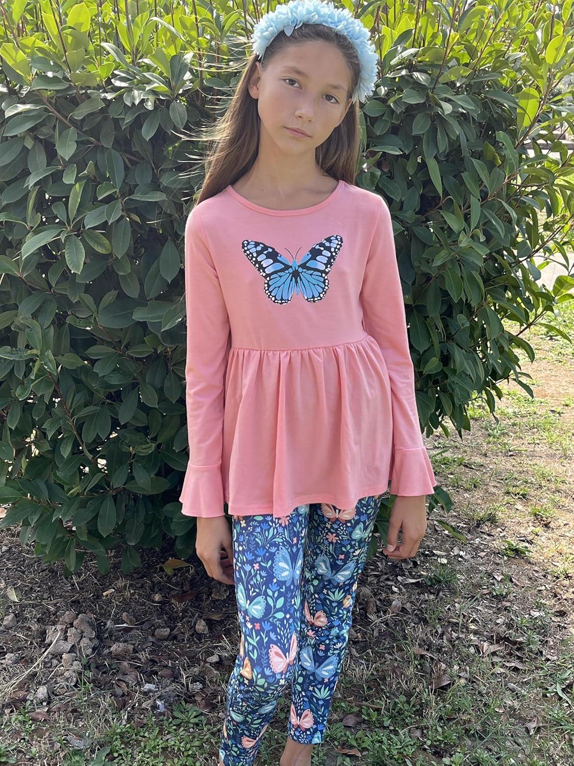 image:imageArshiner Girls 2 Piece Clothing Set Floral Ruffle Hem Bell Sleeve Top and Leggings Fall Winter Outfits for 210 YearsButterfly