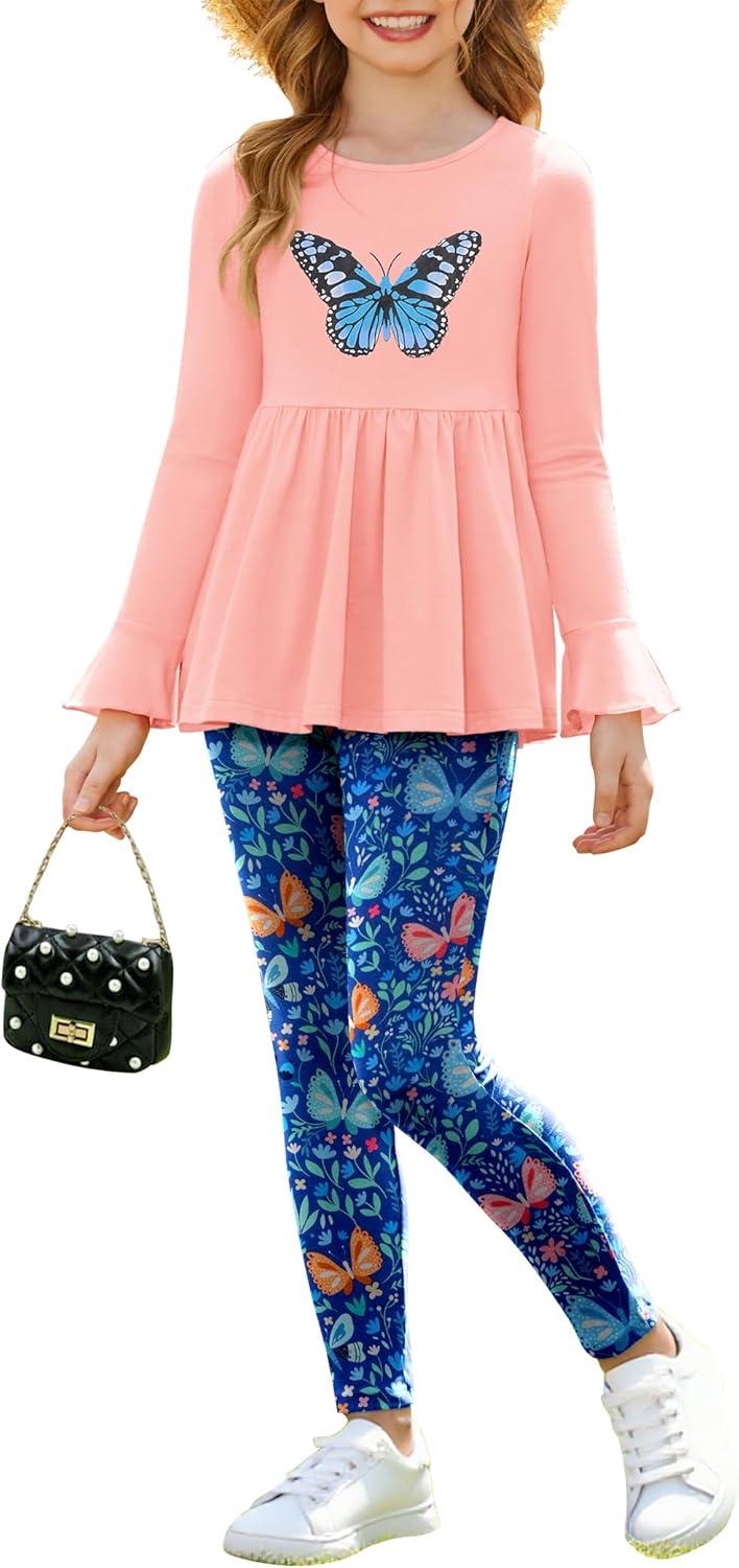image:imageArshiner Girls 2 Piece Clothing Set Floral Ruffle Hem Bell Sleeve Top and Leggings Fall Winter Outfits for 210 YearsButterfly