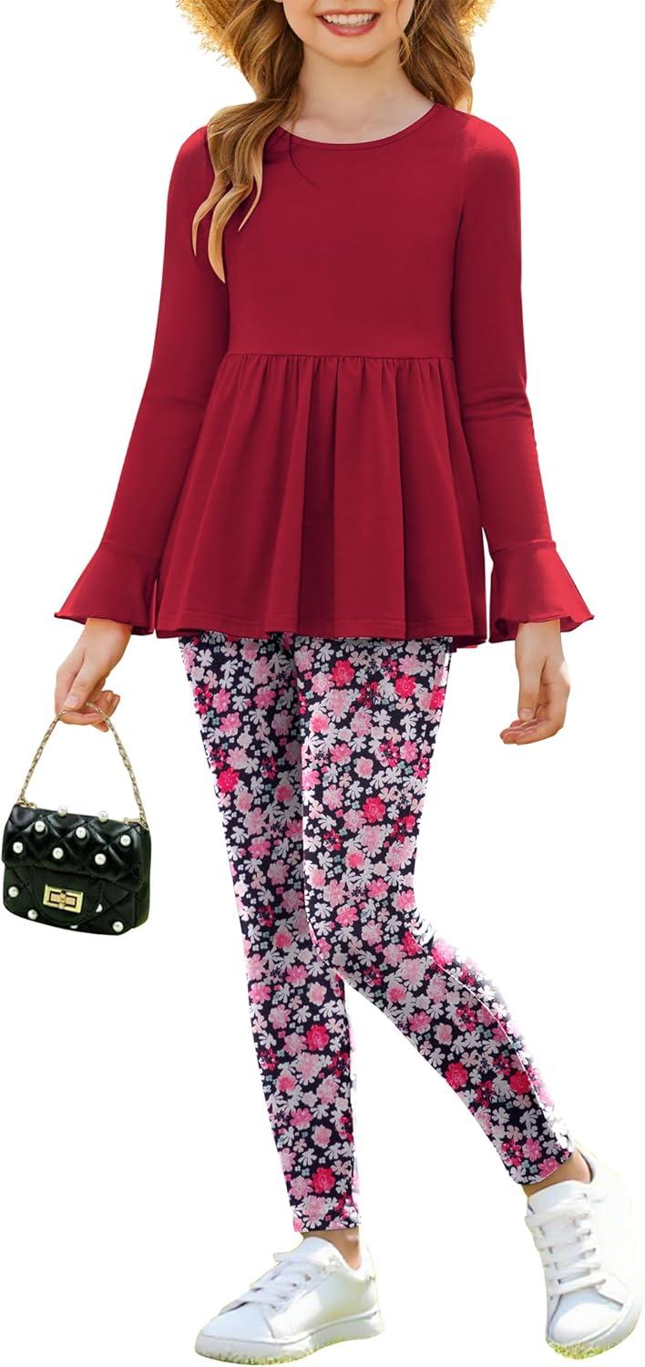 image:imageArshiner Girls 2 Piece Clothing Set Floral Ruffle Hem Bell Sleeve Top and Leggings Fall Winter Outfits for 210 YearsDark Red Floral