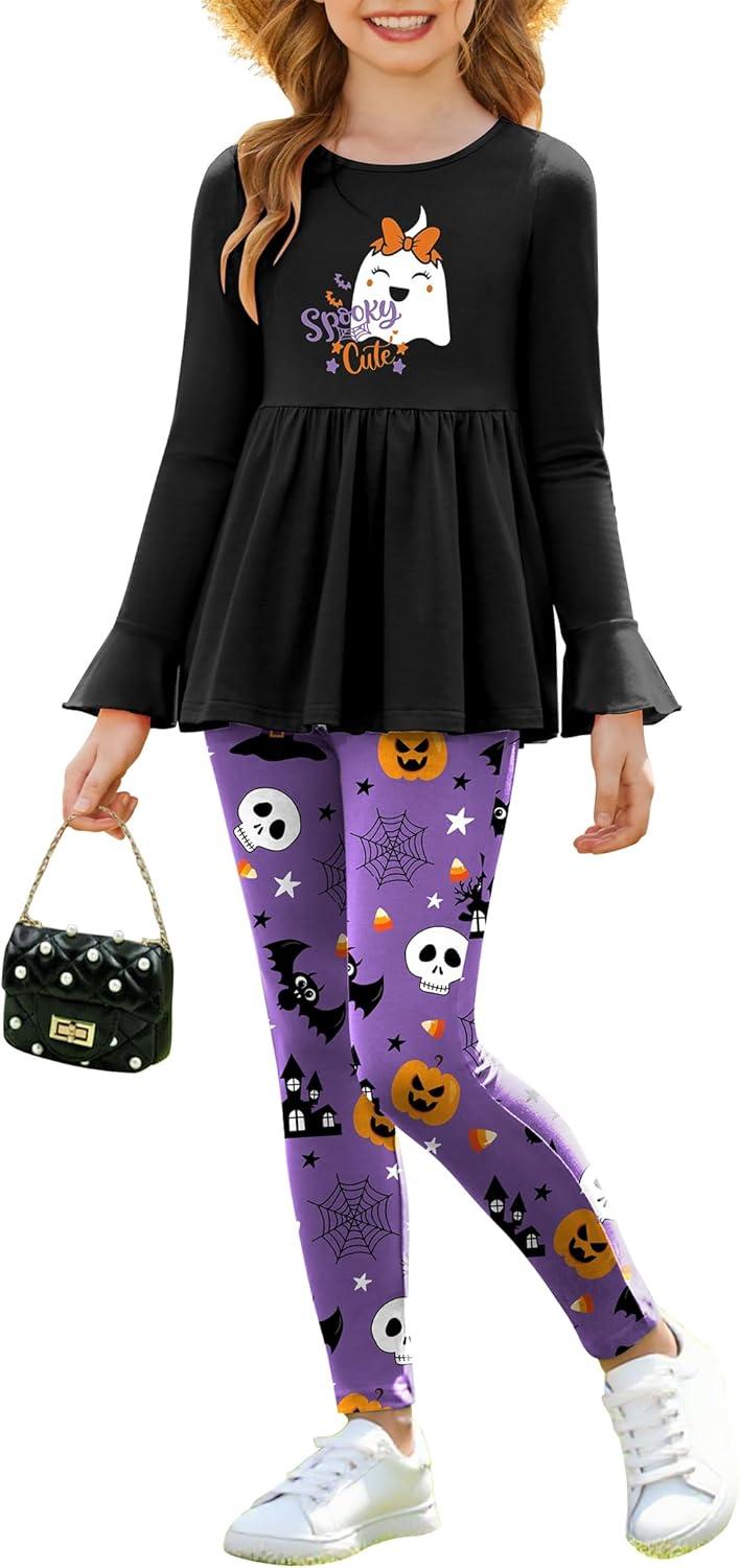 image:imageArshiner Girls 2 Piece Clothing Set Floral Ruffle Hem Bell Sleeve Top and Leggings Fall Winter Outfits for 210 YearsHalloween Purple