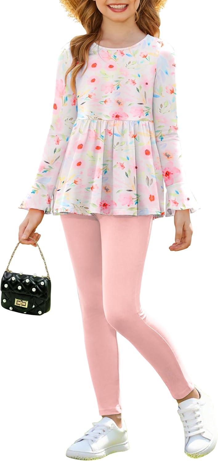 image:imageArshiner Girls 2 Piece Clothing Set Floral Ruffle Hem Bell Sleeve Top and Leggings Fall Winter Outfits for 210 YearsPink Floral