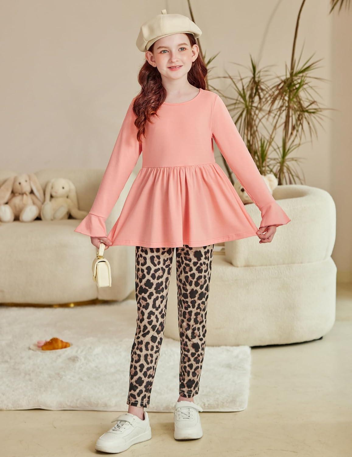 image:imageArshiner Girls 2 Piece Clothing Set Floral Ruffle Hem Bell Sleeve Top and Leggings Fall Winter Outfits for 210 YearsPink Leopard