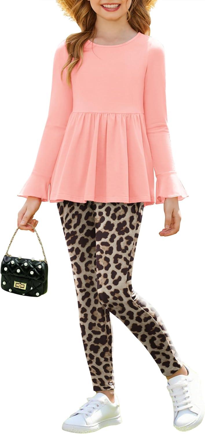 image:imageArshiner Girls 2 Piece Clothing Set Floral Ruffle Hem Bell Sleeve Top and Leggings Fall Winter Outfits for 210 YearsPink Leopard