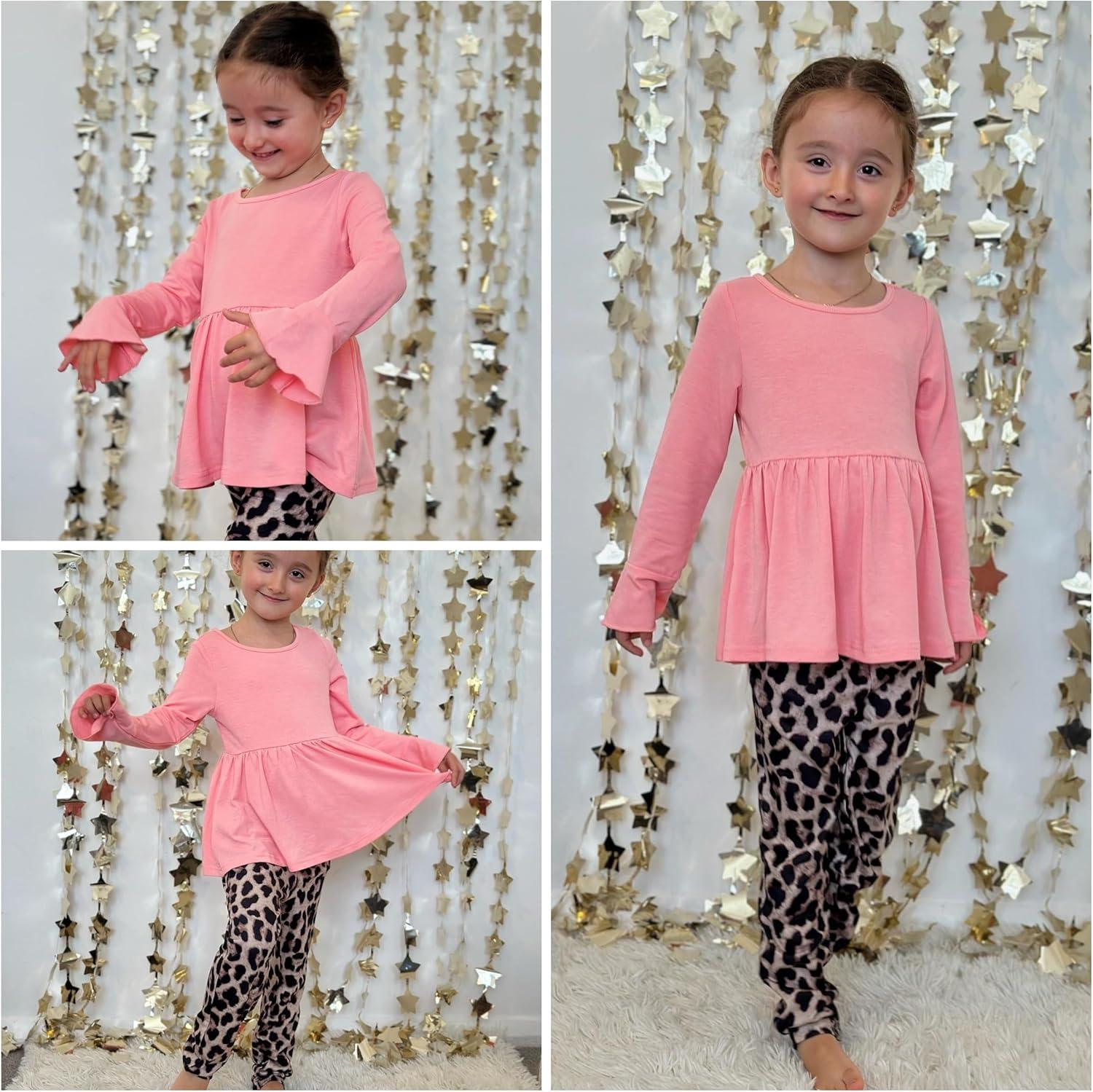 image:imageArshiner Girls 2 Piece Clothing Set Floral Ruffle Hem Bell Sleeve Top and Leggings Fall Winter Outfits for 210 YearsPink Leopard