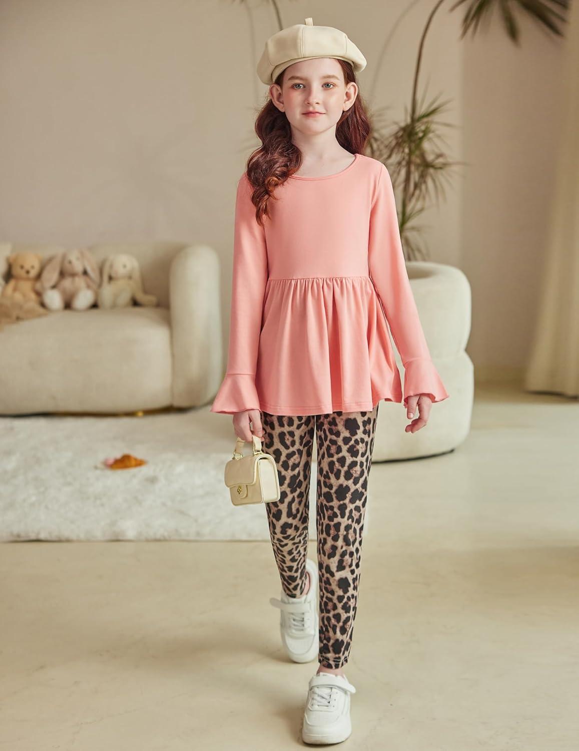 image:imageArshiner Girls 2 Piece Clothing Set Floral Ruffle Hem Bell Sleeve Top and Leggings Fall Winter Outfits for 210 YearsPink Leopard