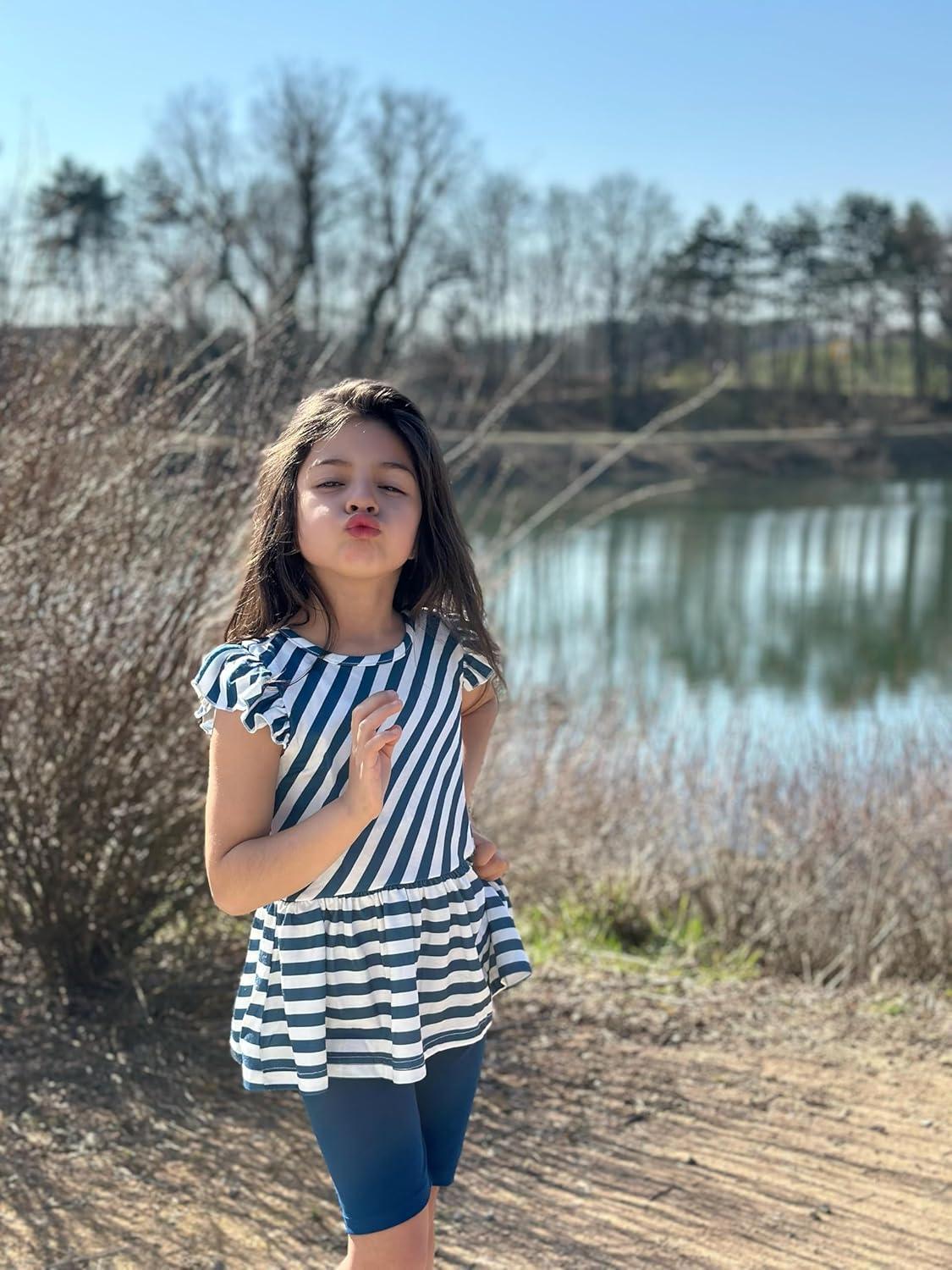 image:imageArshiner Girls 2 Piece Outfit Ruffle Sleeve Peplum Top And Biker Shorts Lightweight Breathable Summer Clothing SetBlue Striped