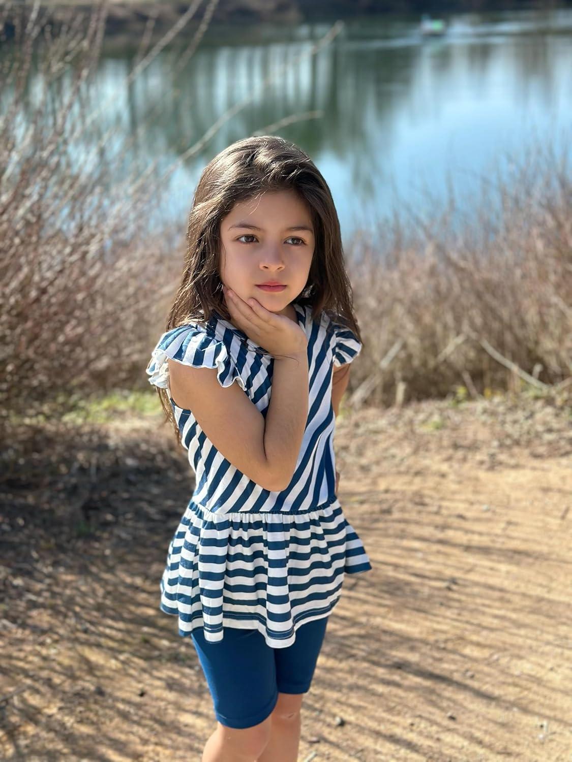 image:imageArshiner Girls 2 Piece Outfit Ruffle Sleeve Peplum Top And Biker Shorts Lightweight Breathable Summer Clothing SetBlue Striped