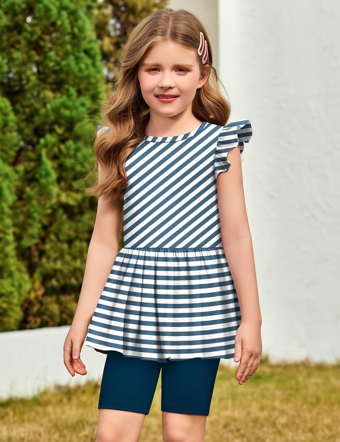 image:imageArshiner Girls 2 Piece Outfit Ruffle Sleeve Peplum Top And Biker Shorts Lightweight Breathable Summer Clothing SetBlue Striped
