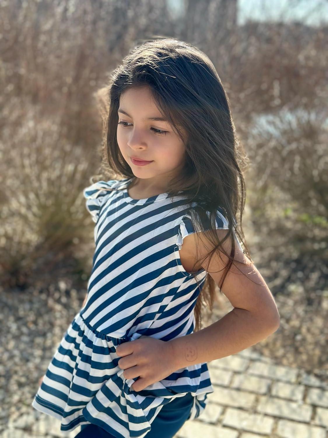 image:imageArshiner Girls 2 Piece Outfit Ruffle Sleeve Peplum Top And Biker Shorts Lightweight Breathable Summer Clothing SetBlue Striped