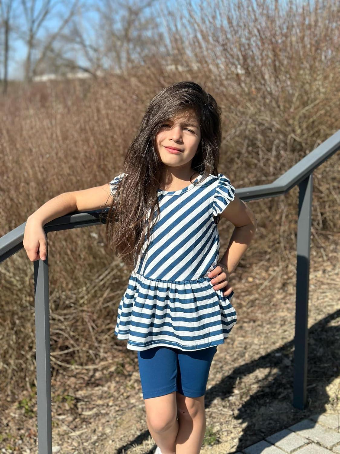 image:imageArshiner Girls 2 Piece Outfit Ruffle Sleeve Peplum Top And Biker Shorts Lightweight Breathable Summer Clothing SetBlue Striped