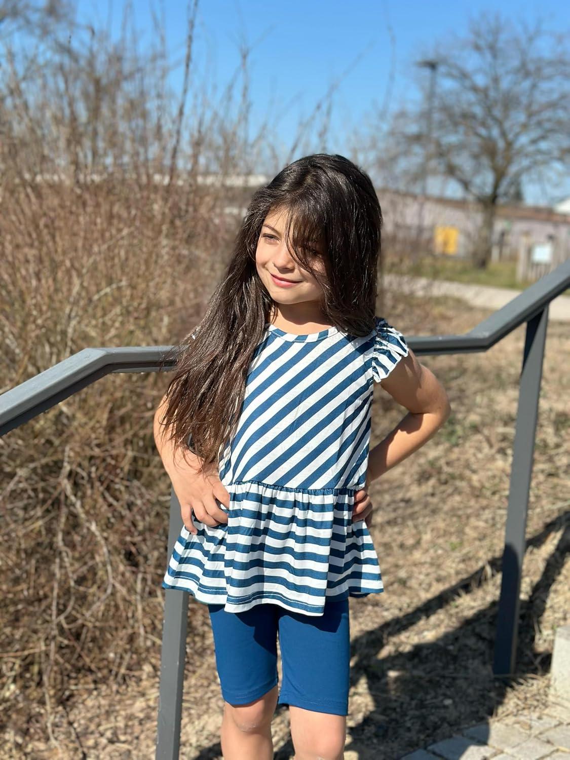 image:imageArshiner Girls 2 Piece Outfit Ruffle Sleeve Peplum Top And Biker Shorts Lightweight Breathable Summer Clothing SetBlue Striped