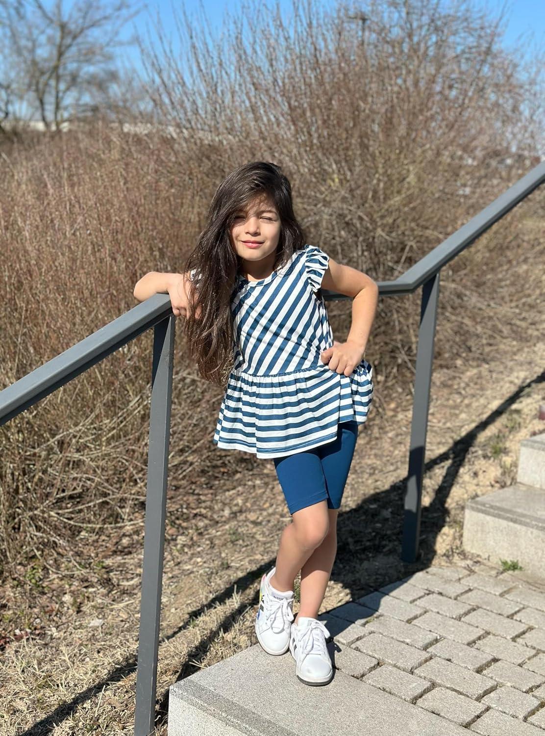 image:imageArshiner Girls 2 Piece Outfit Ruffle Sleeve Peplum Top And Biker Shorts Lightweight Breathable Summer Clothing SetBlue Striped