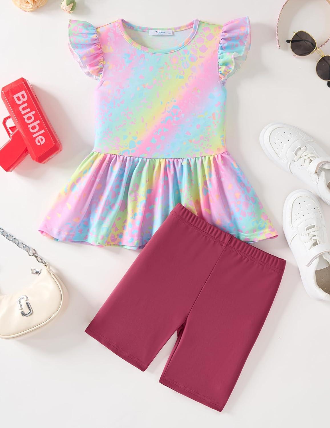 image:imageArshiner Girls 2 Piece Outfit Ruffle Sleeve Peplum Top And Biker Shorts Lightweight Breathable Summer Clothing SetRainbow Tie Dye