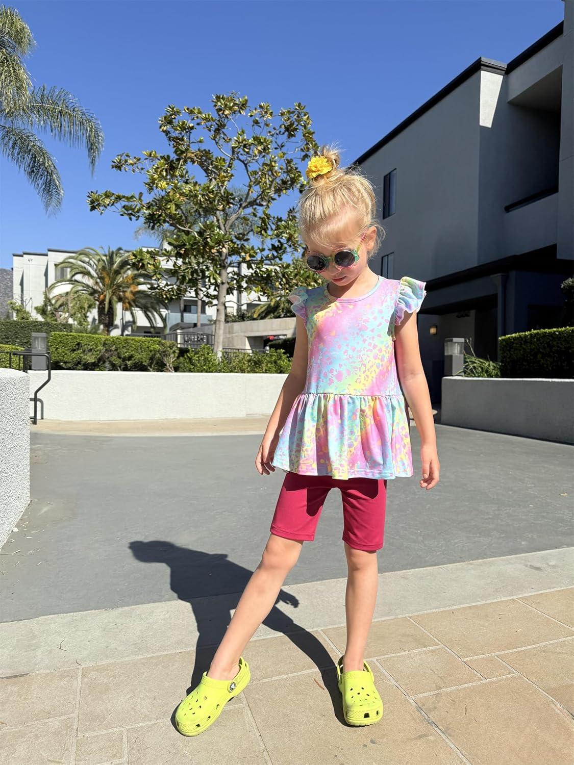 image:imageArshiner Girls 2 Piece Outfit Ruffle Sleeve Peplum Top And Biker Shorts Lightweight Breathable Summer Clothing SetRainbow Tie Dye
